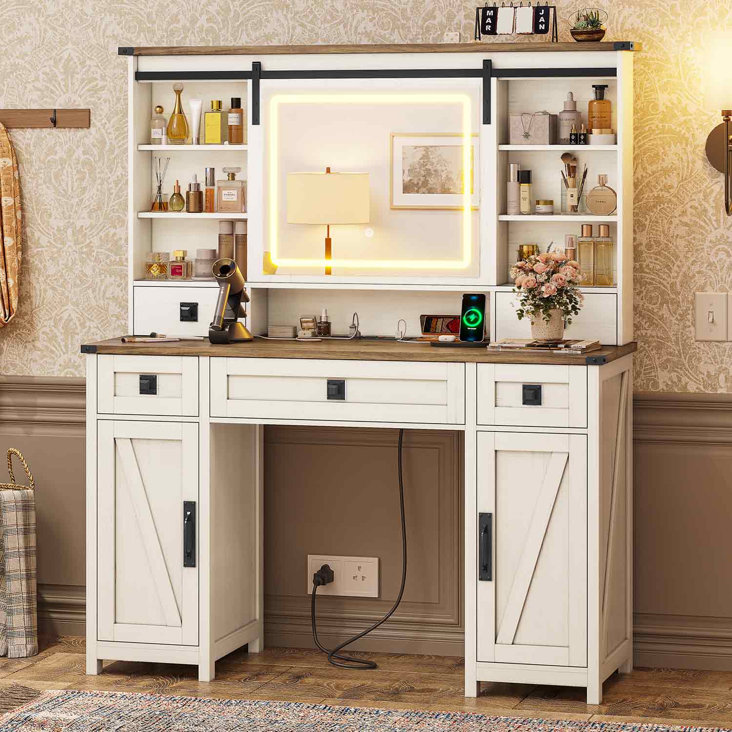 Sikaic Makeup Vanity Large Makeup Vanity with Lights & Charging Station Ample Storage Space and Sliding Mirror White