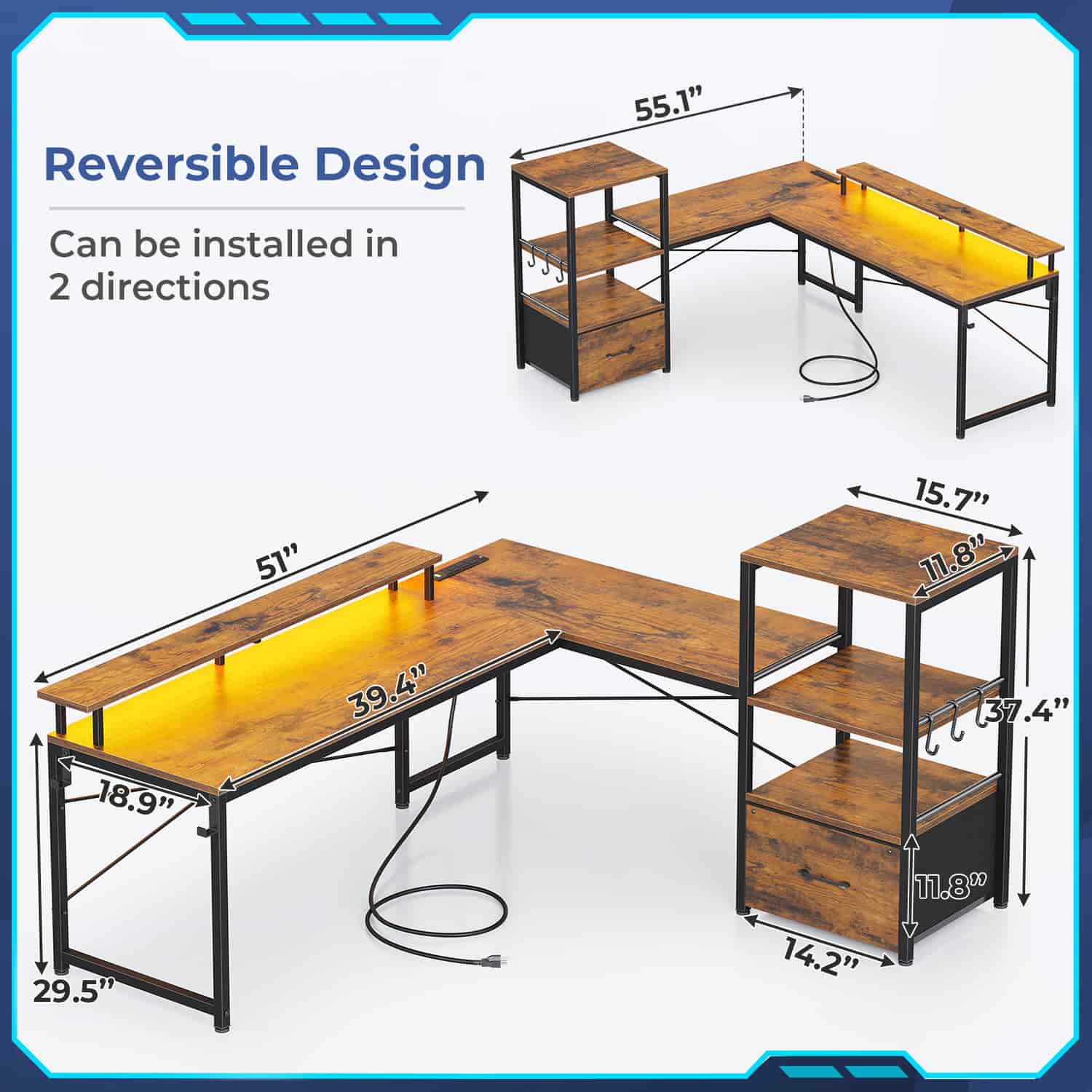 Sikaic Gaming Desk 51 Inches Reversible LED Lights L Shaped Gaming Desk with Power Outlets & Fabric File Drawer Monitor Stand and Hooks Rustic Brown