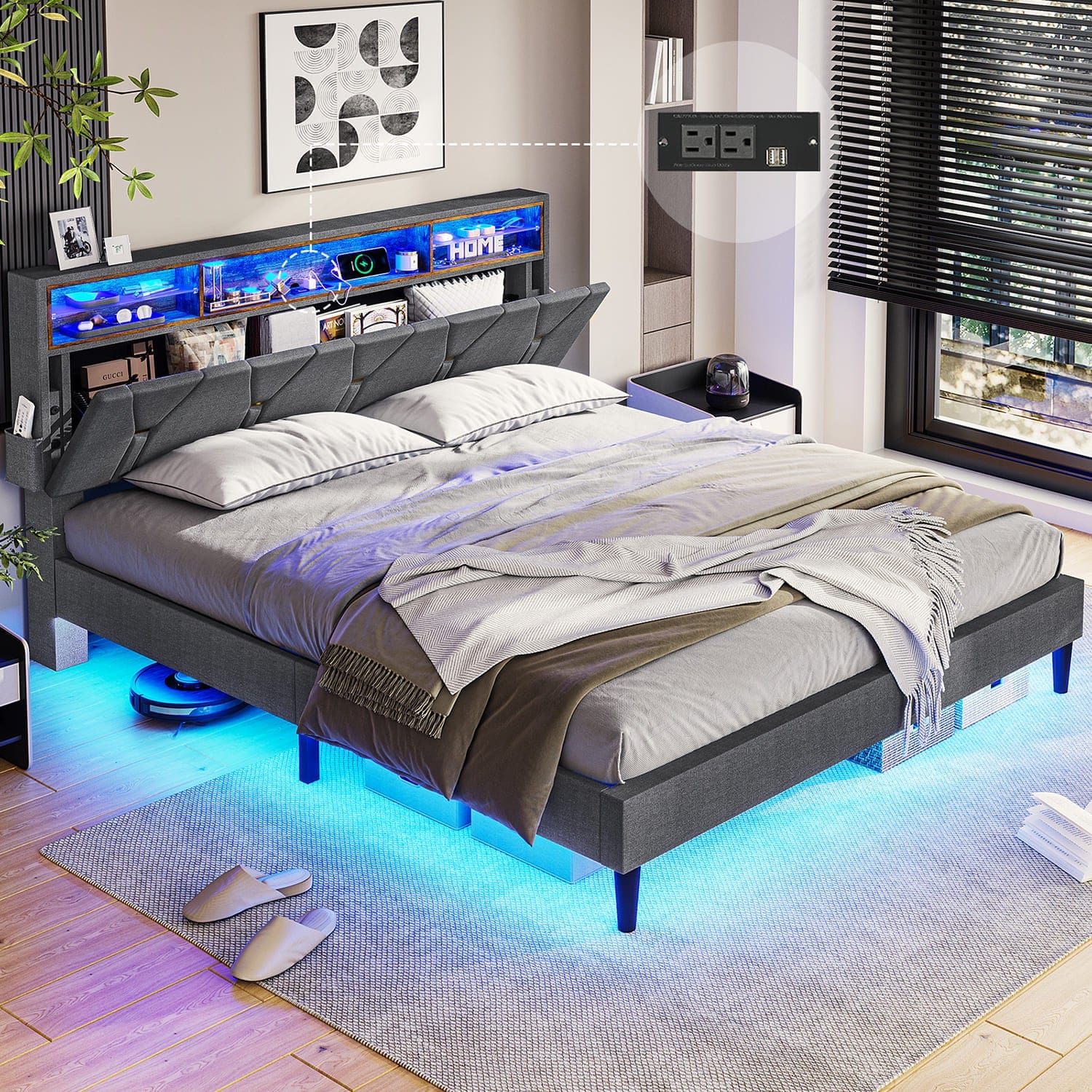 Sikaic LED Bed Frame with Outlets and USB Ports Shelf Storage Headboard Hidden Storage Grey