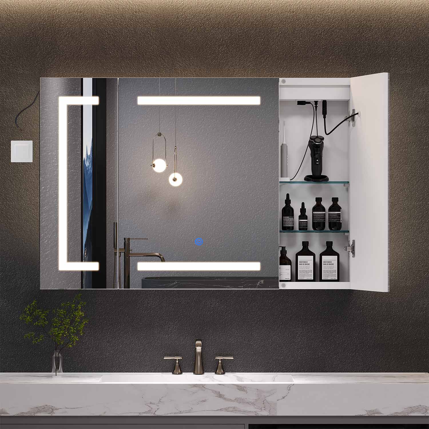 Sikaic Medicine Cabinets 3 Doors Wall Mounted Vanity Medicine Cabinet Mirror with Storage Shelves and 2 Outlets White