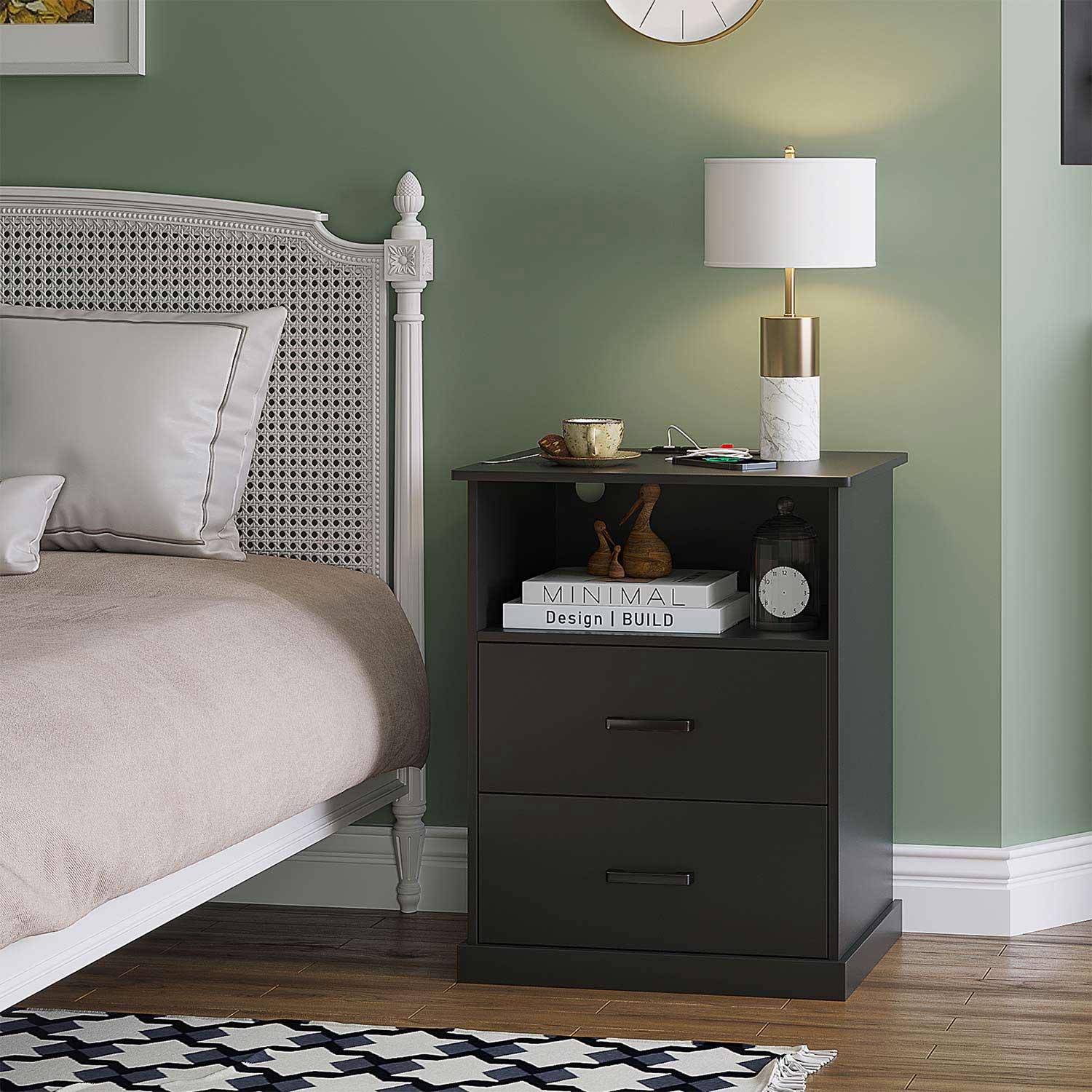 Sikaic Nightstand Nightstand with Charging Station 2 Storage Drawer and Open Cubby Black