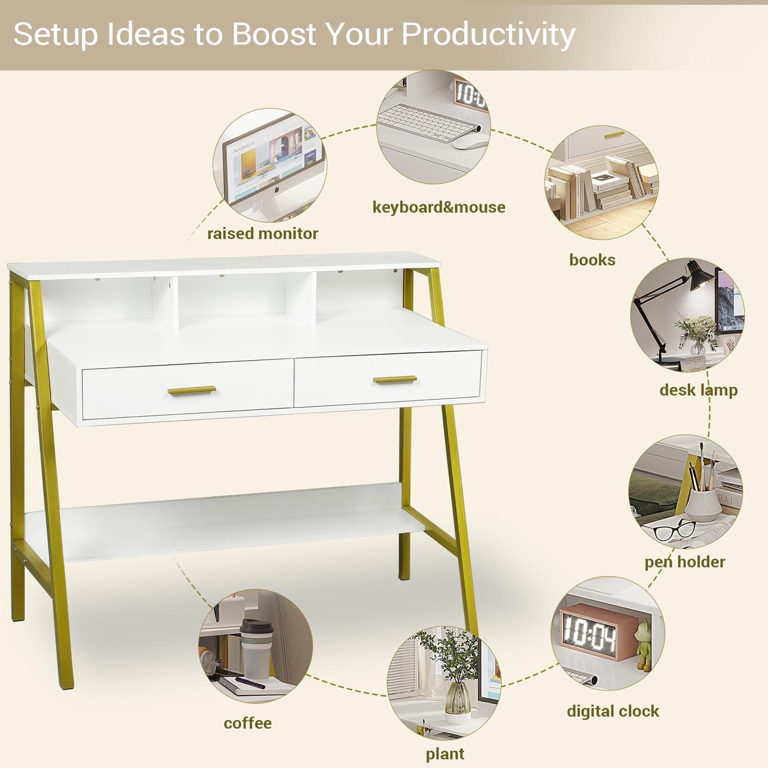 Sikaic Writing Desk Computer Desk with Drawers Monitor Stand Built-in Hutch White Gold