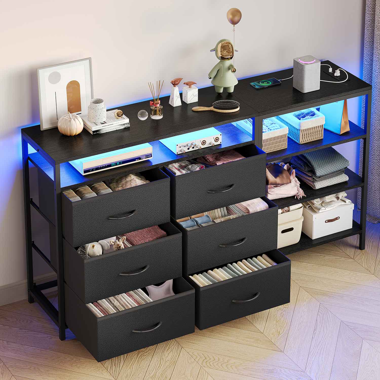 Sikaic TV Stands Corner L Shaped LED TV Stand Convertible Dresser with Charging Station and Open Shelf & PU Finish Drawers for Living Room Black