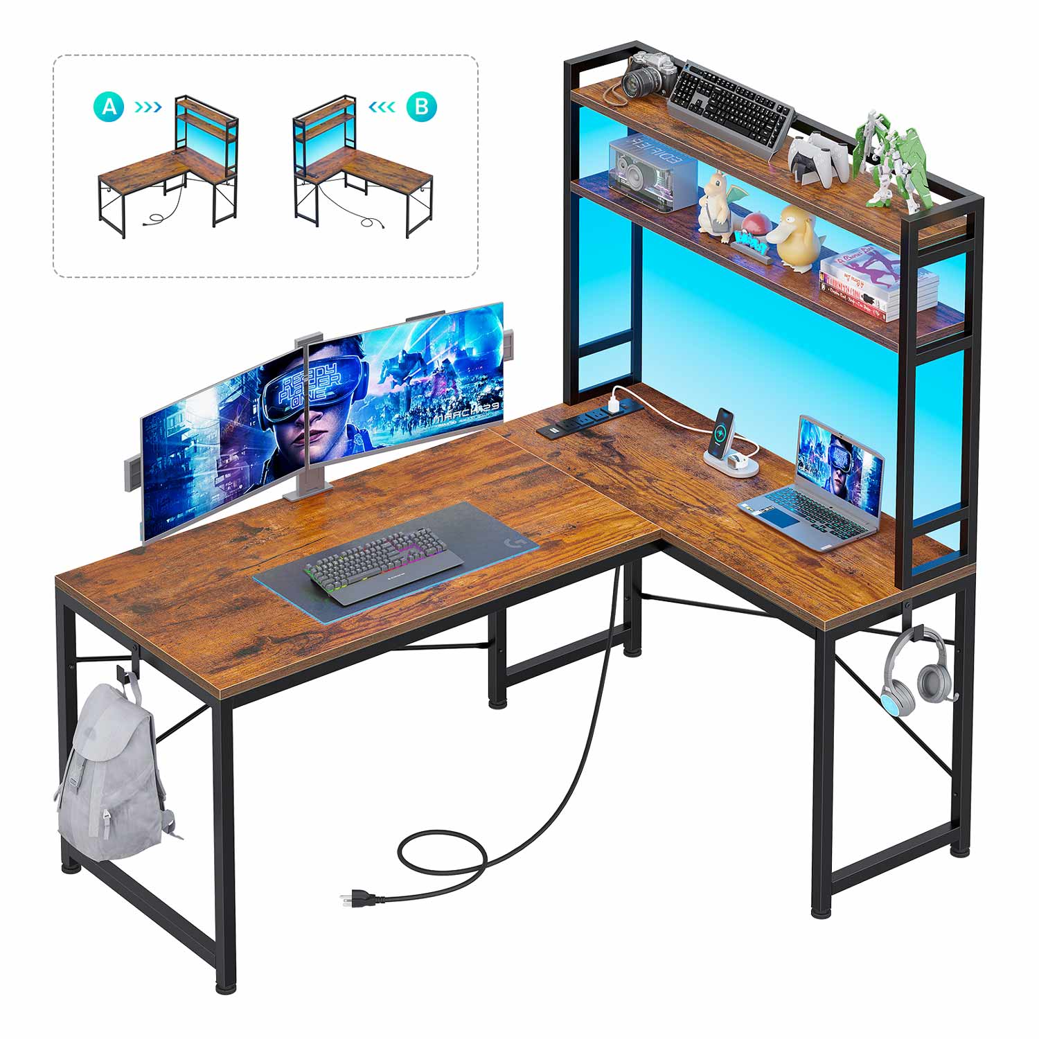 Sikaic Gaming Desk 45.3 inches LED Reversible L Shaped Gaming Desk with Hutch Power Outlet Storage Shelves  and Hooks Brown