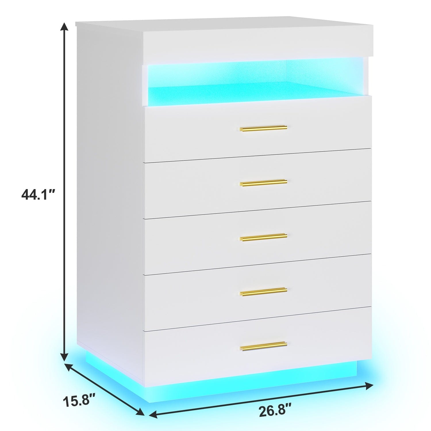 Sikaic Dresser Modern Floating White Dresser Chest of 5 Drawers with Pull-Out Shelf and Open Storage & LED Lights