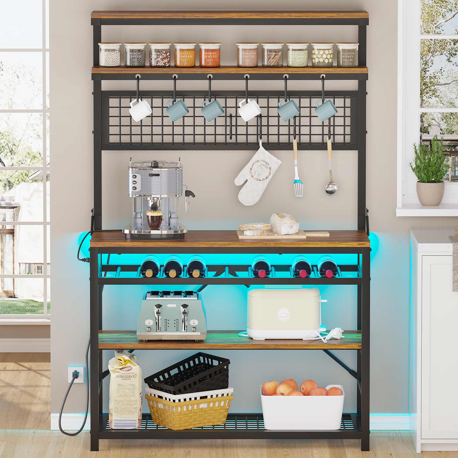 Sikaic Bakers Rack LED Bakers Rack with Power Outlet Storage Brown