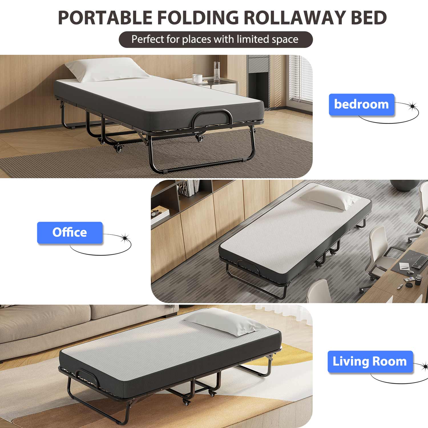 Sikaic Beds & Bed Frames Twin Size Folding Bed with Luxurious Memory Foam Mattress Metal Wheels Black