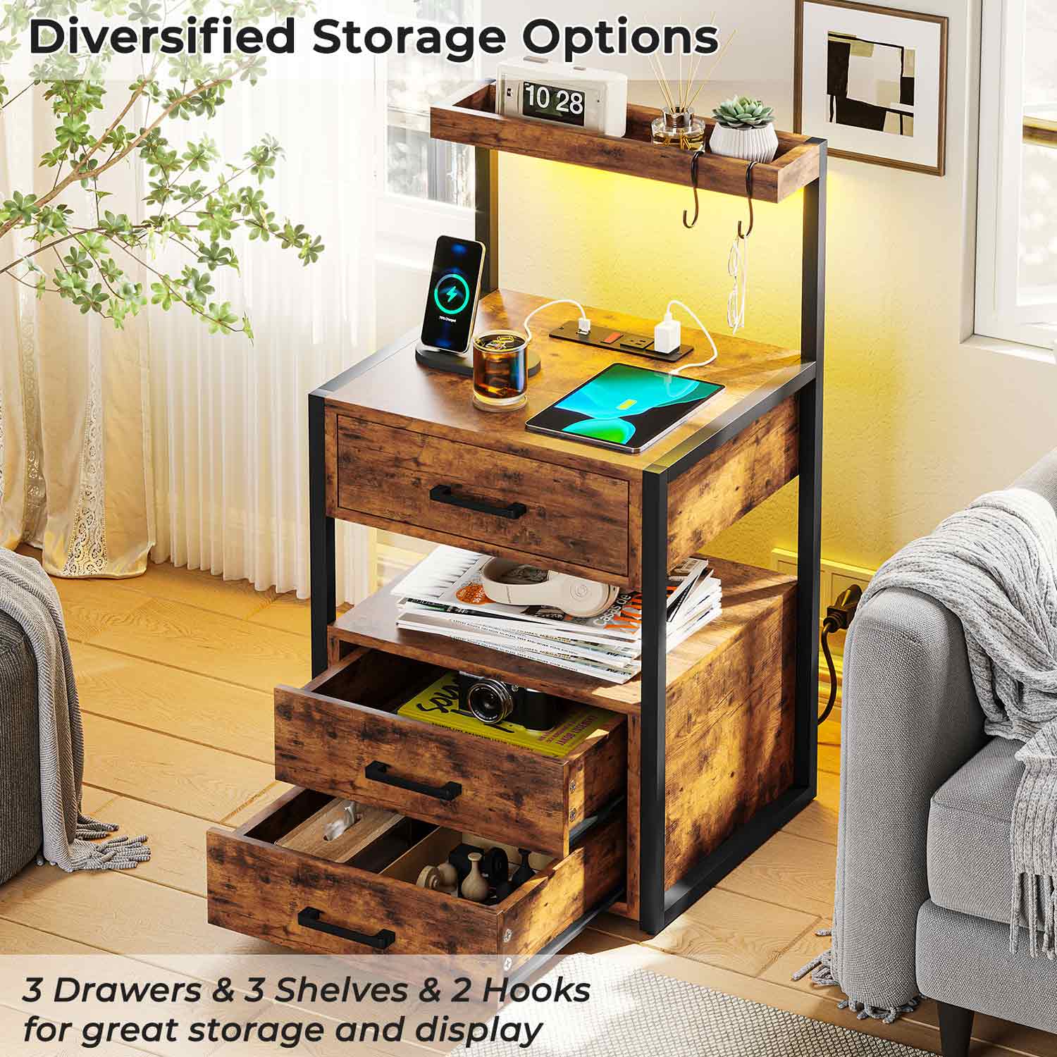 Sikaic Nightstand LED Nightstand with Charging Station 3 Drawers Brown