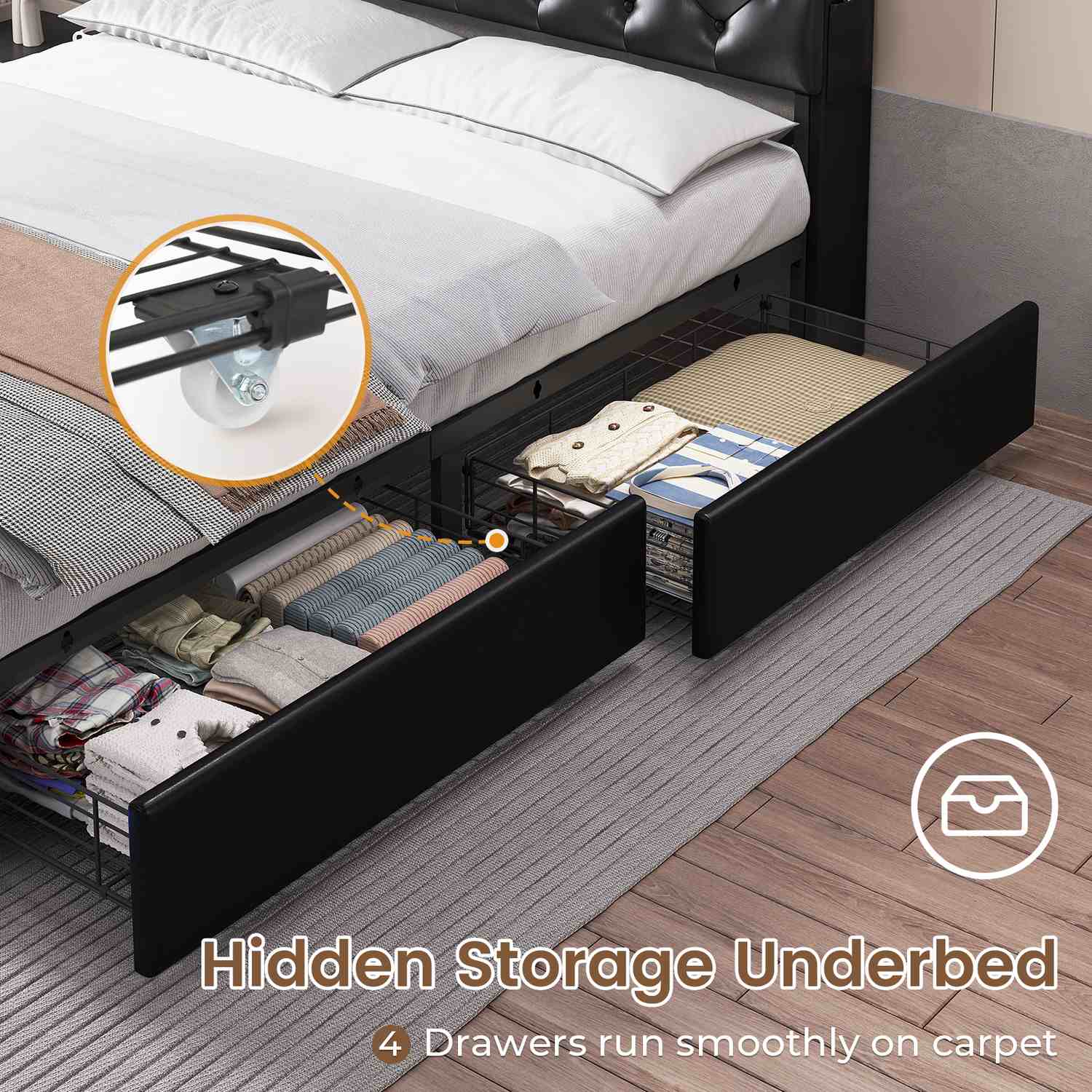 Sikaic Bed Frame Upholstered Platform Bed Frame with LED Lights & Charging Station Hidden Storage Headboard and 4 Drawers PU Black