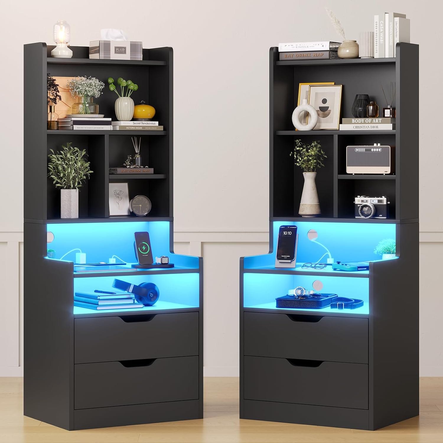 Sikaic Nightstand 2PCS LED Nightstand with Bookshelf Charging Station Black Black / Engineered Wood / Modern