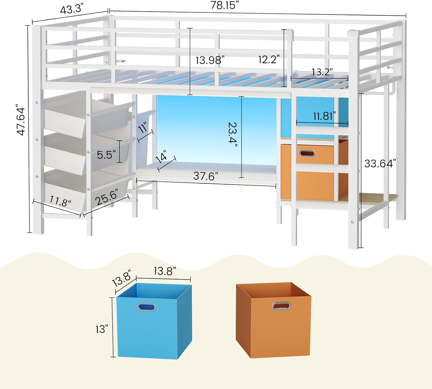 Sikaic Loft Bed Frame Low Loft Bed Twin Size with Reading Corner and Storage Basket White White / Engineered Wood / Modern