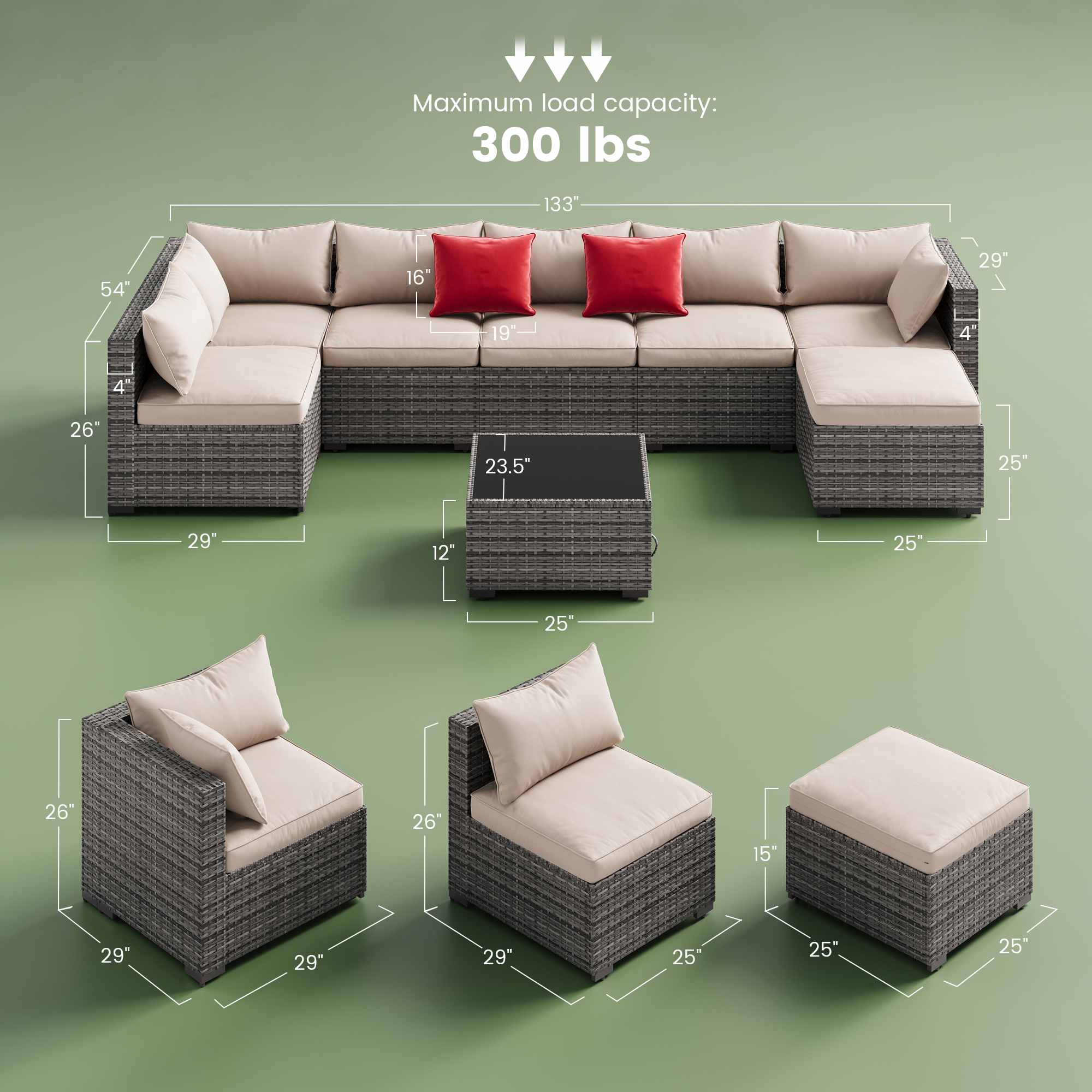 Sikaic Sofa 8PCS 7 Person Rattan Outdoor Sectional Sofa Seating Group Storage Table Set Red Beige Red Beige / Metal / Modern