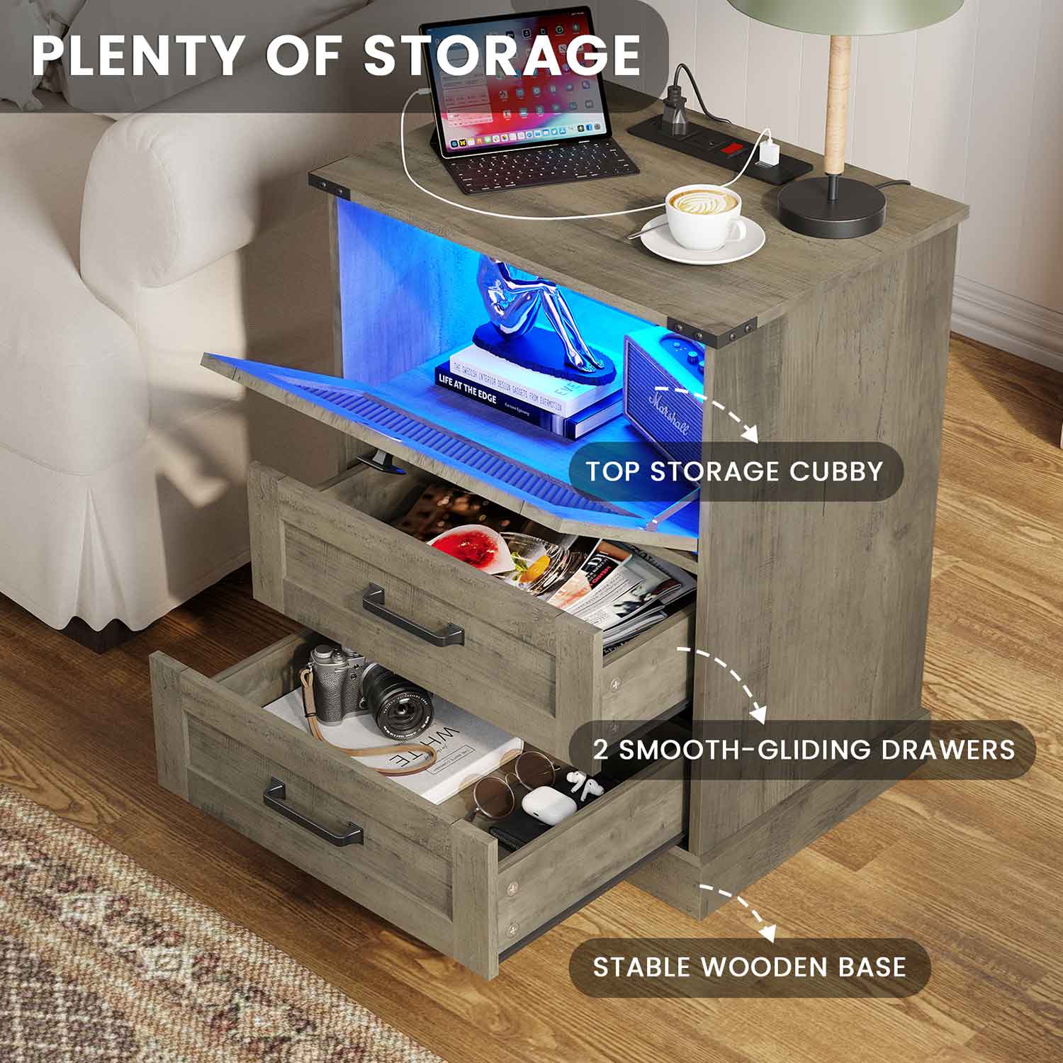 Sikaic Nightstand LED Nightstand with Charging Station 2 Drawers and Open Cubby Rustic Oak Grey Grey / Engineered Wood / Modern