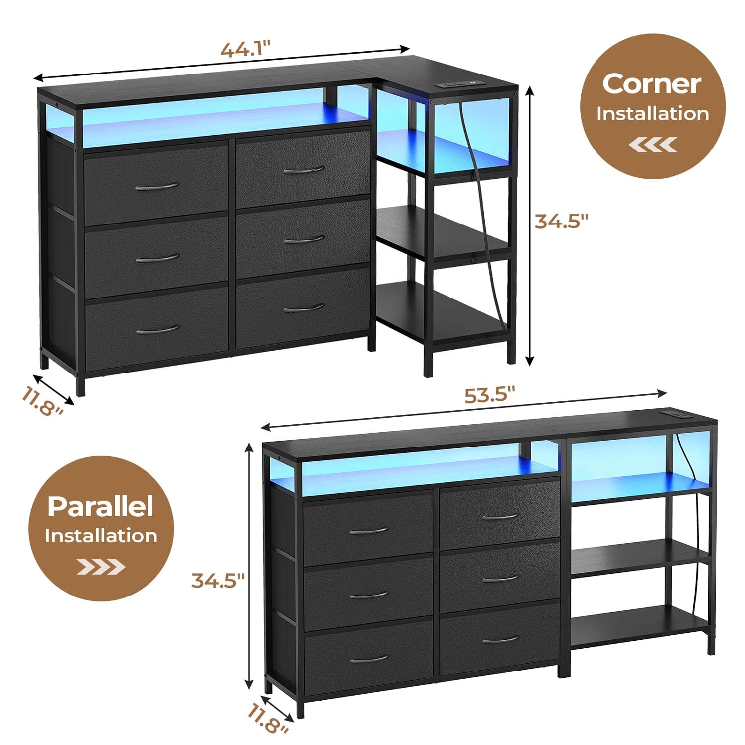Sikaic TV Stands Corner L Shaped LED TV Stand Convertible Dresser with Charging Station and Open Shelf & PU Finish Drawers for Living Room Black