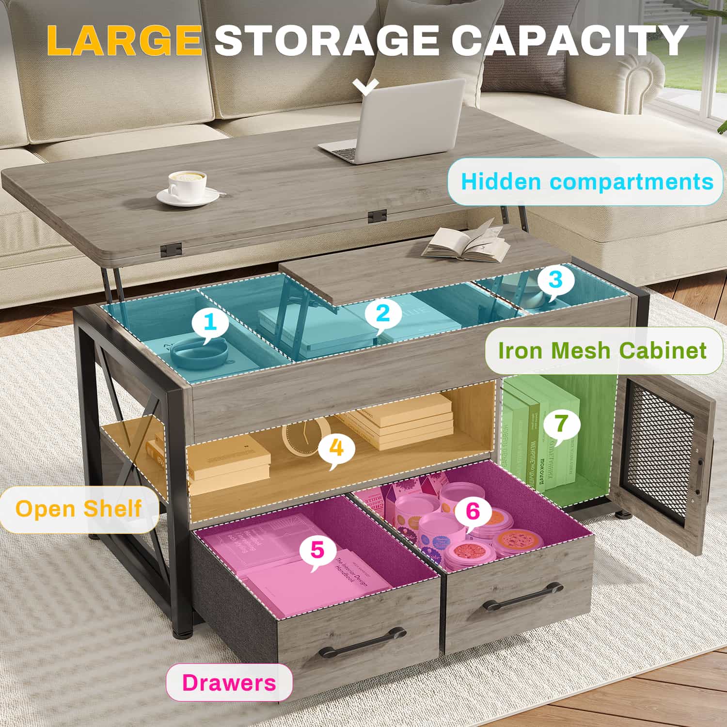 Sikaic Coffee Table 40 Inches 4 in 1 Lift Top Coffee Table with Storage Cabinet 2 Fabric Drawers & LED Light for Dining Room Grey