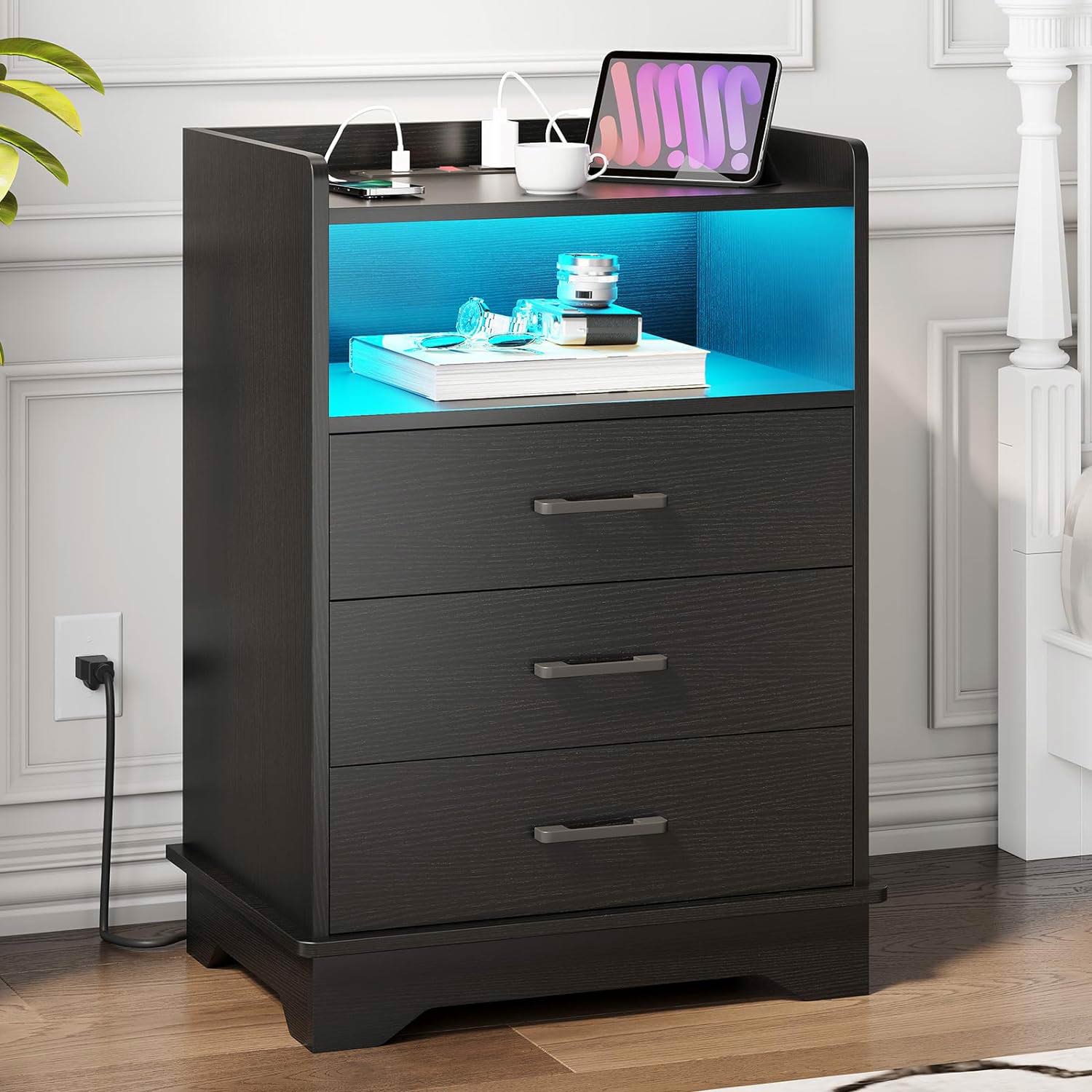 Sikaic Nightstands LED Nightstand with Charging Station 3 Drawers and Open Storage Black
