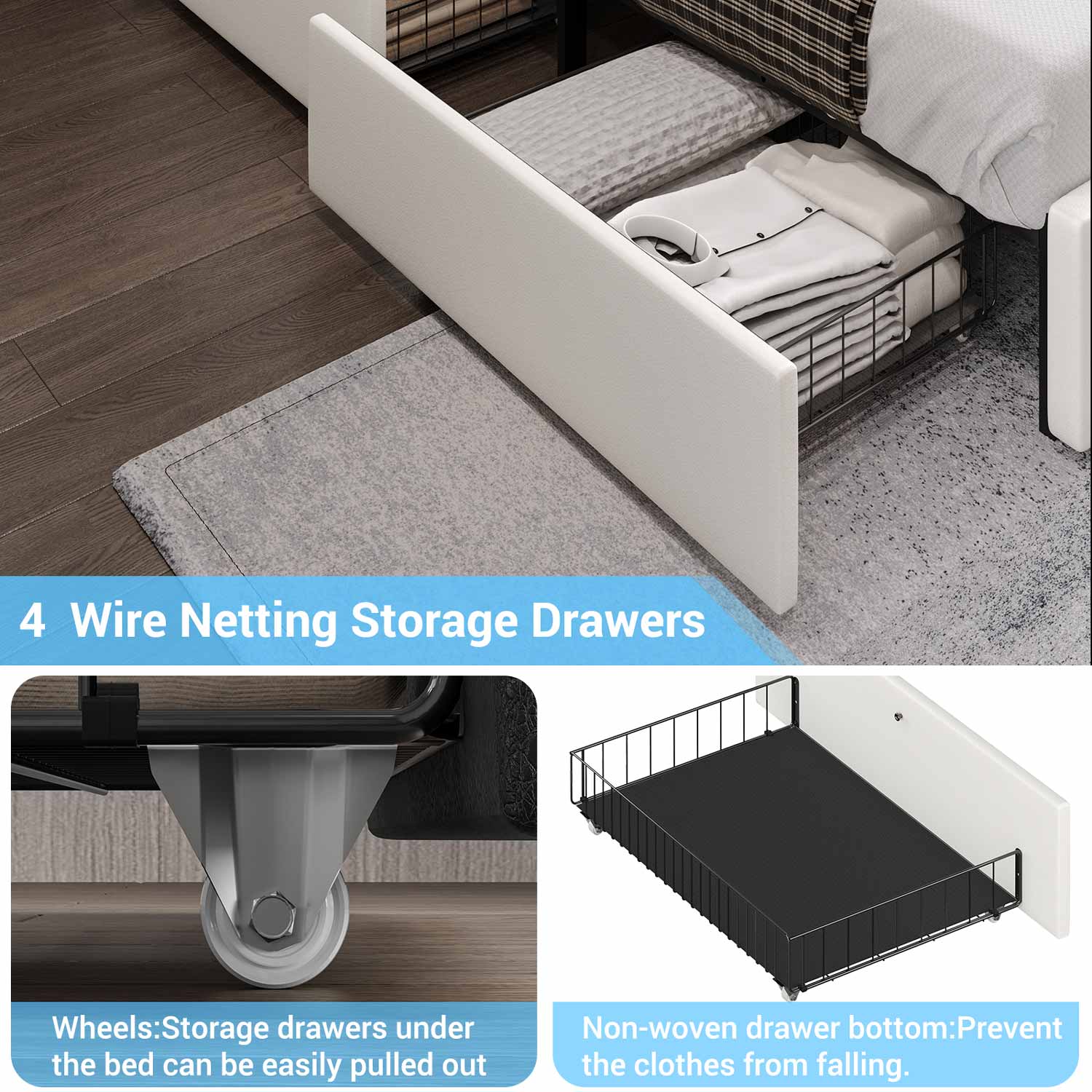 Sikaic Beds & Bed Frames Faux Leather Platform LED Bed Frame with Storage Drawers and USB Ports Adjustable Headboard White