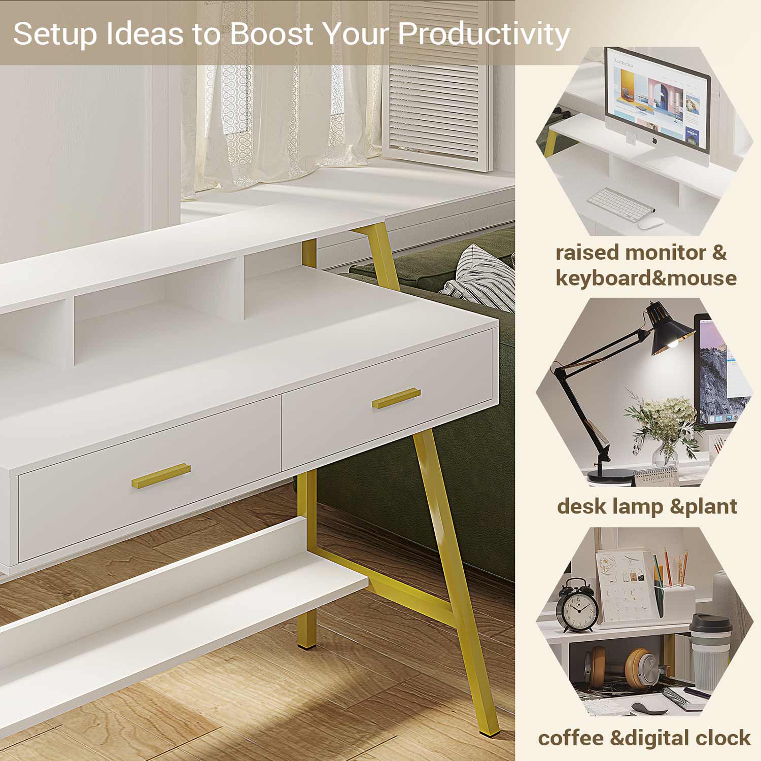 Sikaic Writing Desk Computer Desk with Drawers Monitor Stand Built-in Hutch White Gold