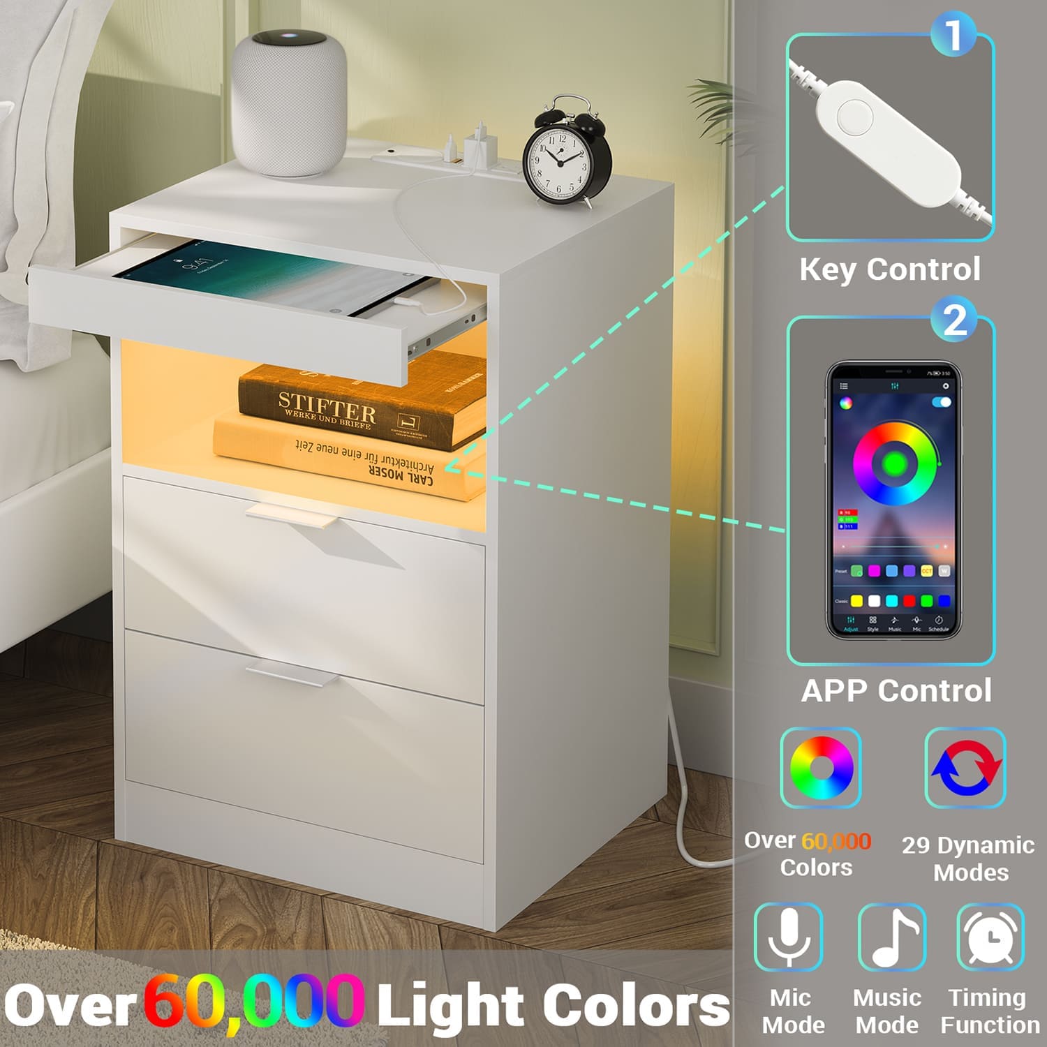 Sikaic Nightstand Nightstand with Pull-Out Shelf Wireless Charging Station and LED Lights White