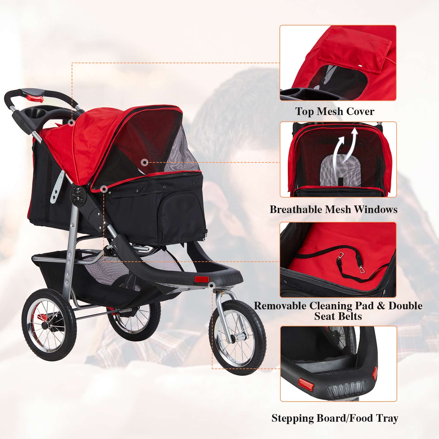 Sikaic Pet Stroller Pet Stroller For Small Medium Dogs & Cats 3-Wheel Foldable System Black Red