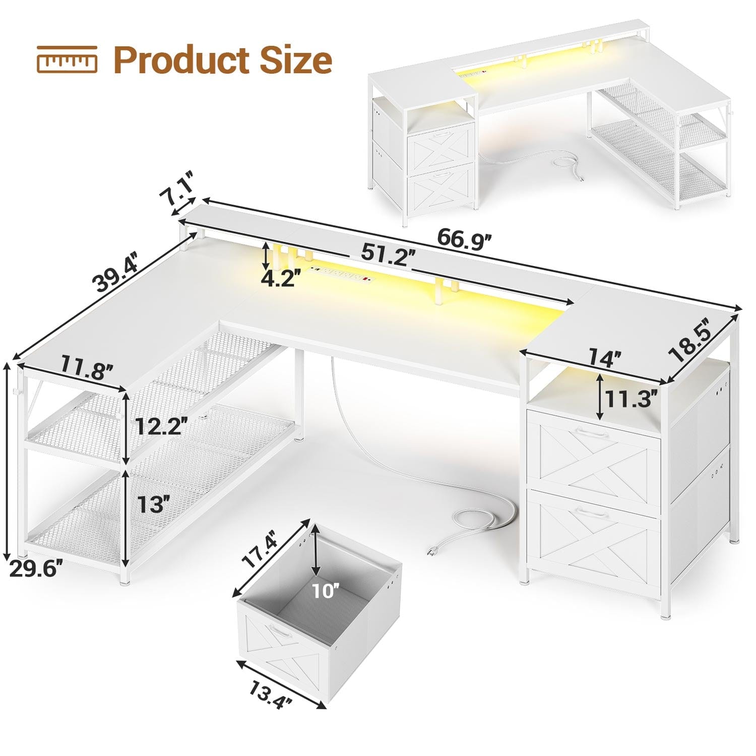 Sikaic Gaming Desk 67 Inches Reversible L Shaped Gaming Desk with Power Outlet LED Lights & Drawers Storage Shelves White