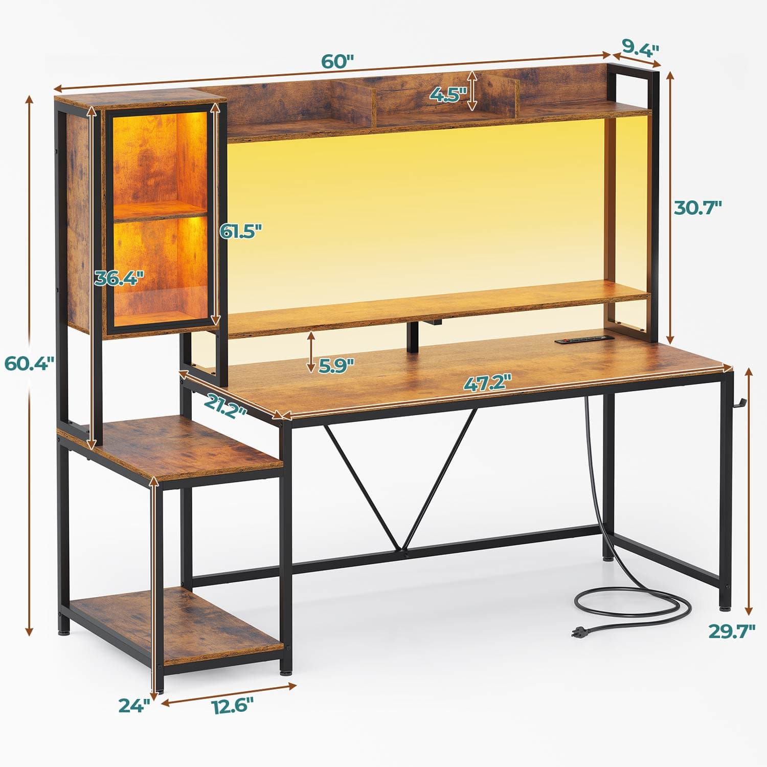 Sikaic Gaming Desk Led Gaming Desk with Power Outlets and Glass Display Cabinet Monitor Stand Hooks CPU Stand Brown