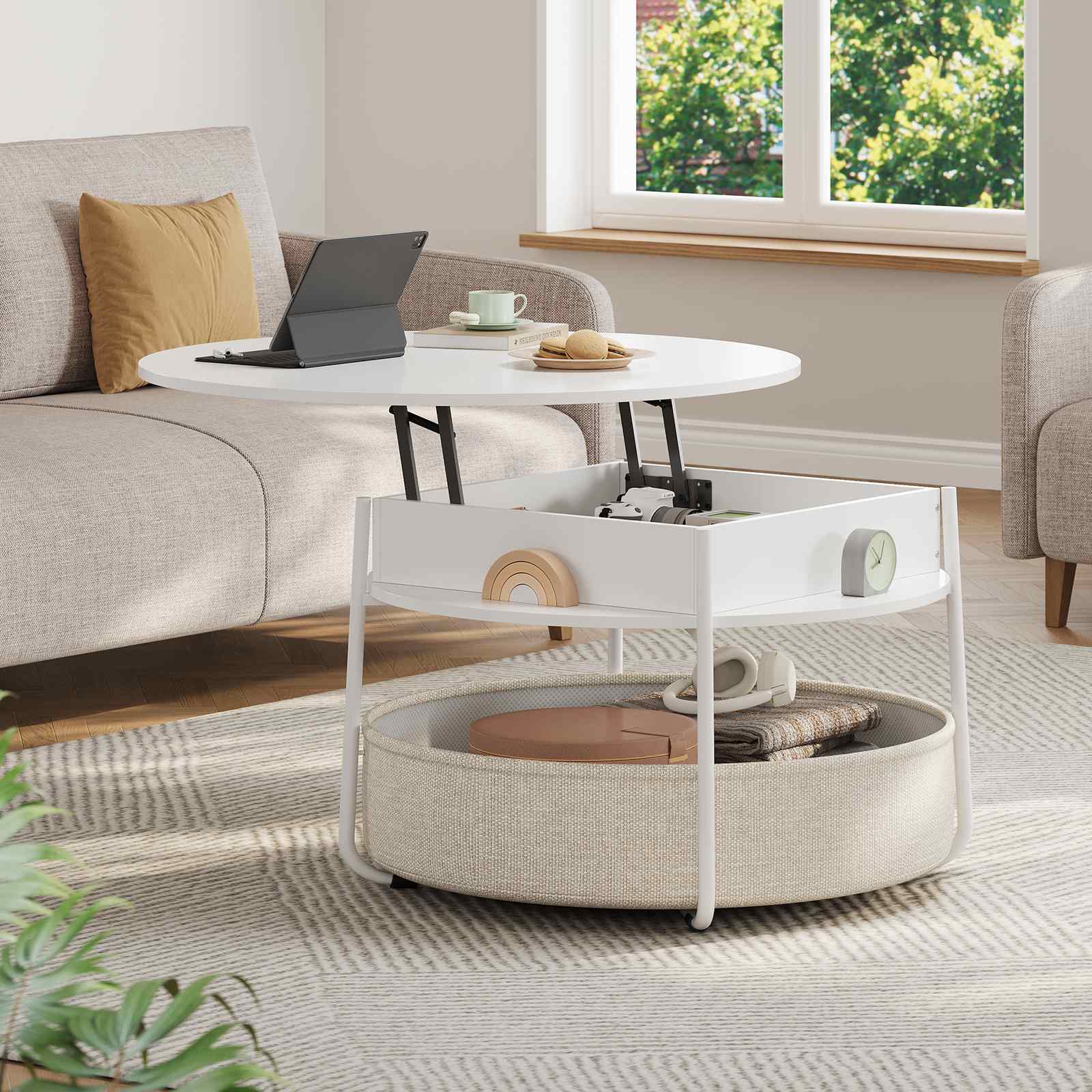 Sikaic Coffee Table Lift Top Round Coffee Table with Fabric Basket White White / Engineered Wood / Modern