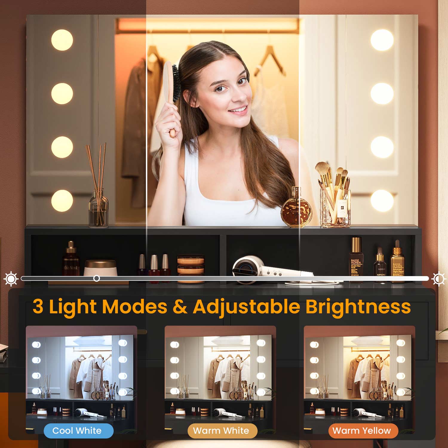 Sikaic Makeup Vanity LED Makeup Vanity Dresser with Mirror and Charging Station & 5 Drawers Cabinet Storage Black