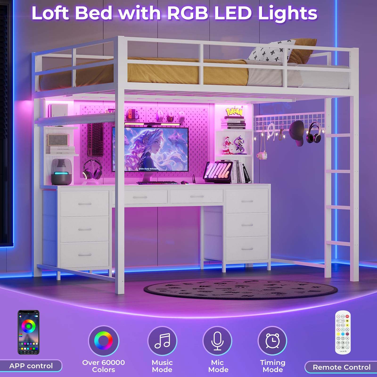 Sikaic Bed Frame Full Metal Loft LED Bed Frame with 8 Storage Drawers & Charging Station and 4 Open Storage Shelves White White / Full Size / Steel