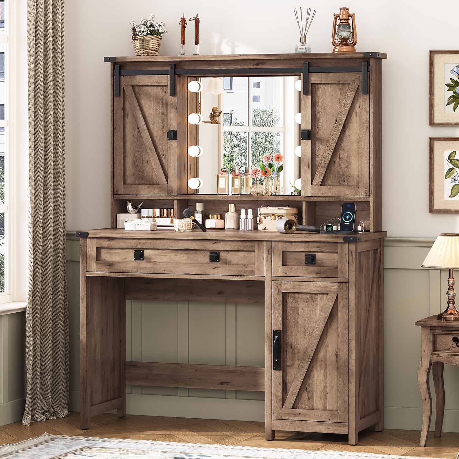 Sikaic Makeup Vanity Sliding Mirror Makeup Vanity with Lights & Barn Doors Charging Station Jewelry Hooks and Open Storage Shelves Brown