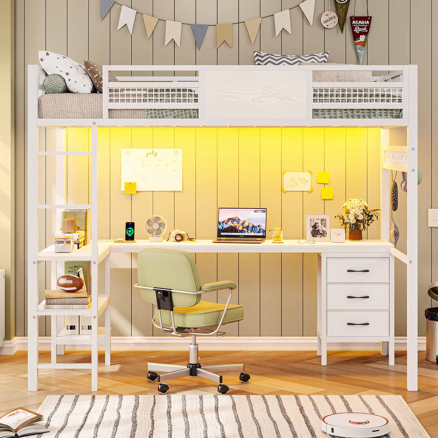 Sikaic Bed Frame Metal Loft Bed Frame Twin Size with L-Shaped Desk LED Lights Charging Station Drawers & Shelve White