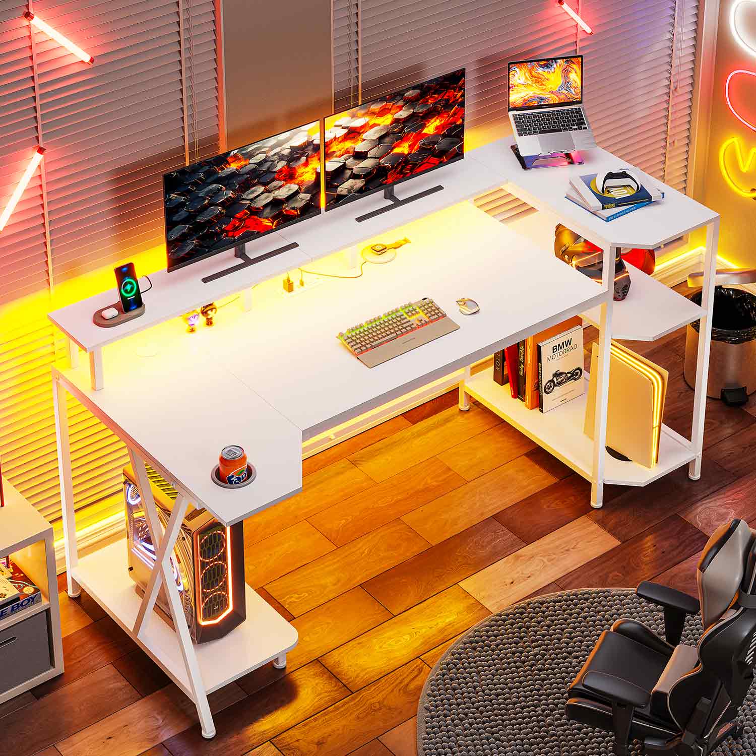 Sikaic Gaming Desk 55 Inches Large PC Gaming Desk with LED Lights and Storage Shelves  Monitor Stand Power Outlets Cup Holder White