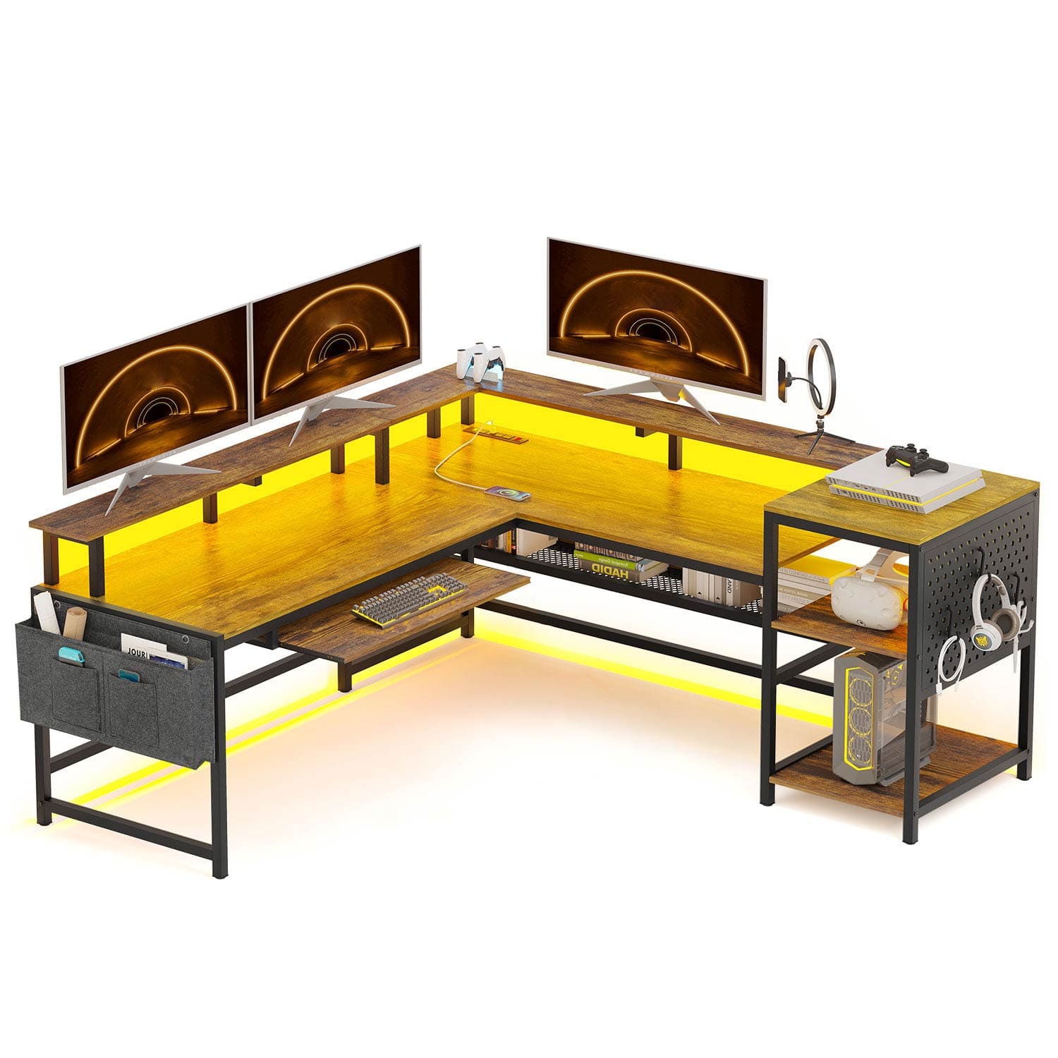 Sikaic Gaming Desk L Shaped Reversible LED Gaming Desk with Power Outlets Brown Brown / Industrial