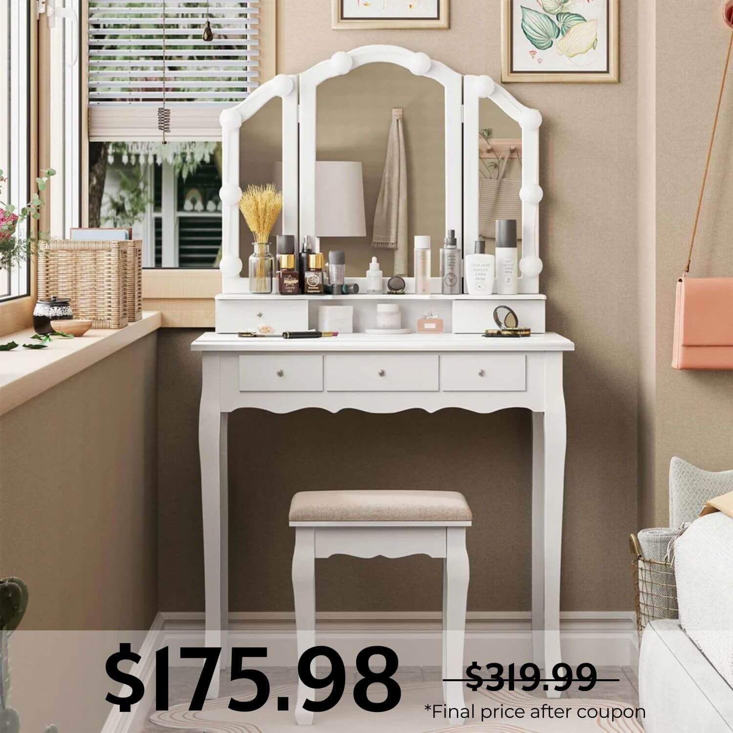 Sikaic Makeup Vanity Makeup Vanity with Lighted Mirror Stool Drawers White White / Glass / Modern