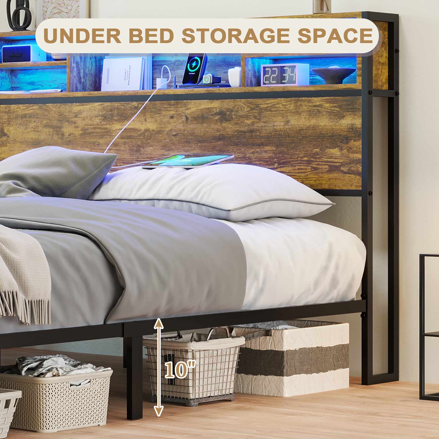 Sikaic Bed Frame Metal Platform LED Bed Frame with Outlets and USB Ports No Box Spring Needed Brown