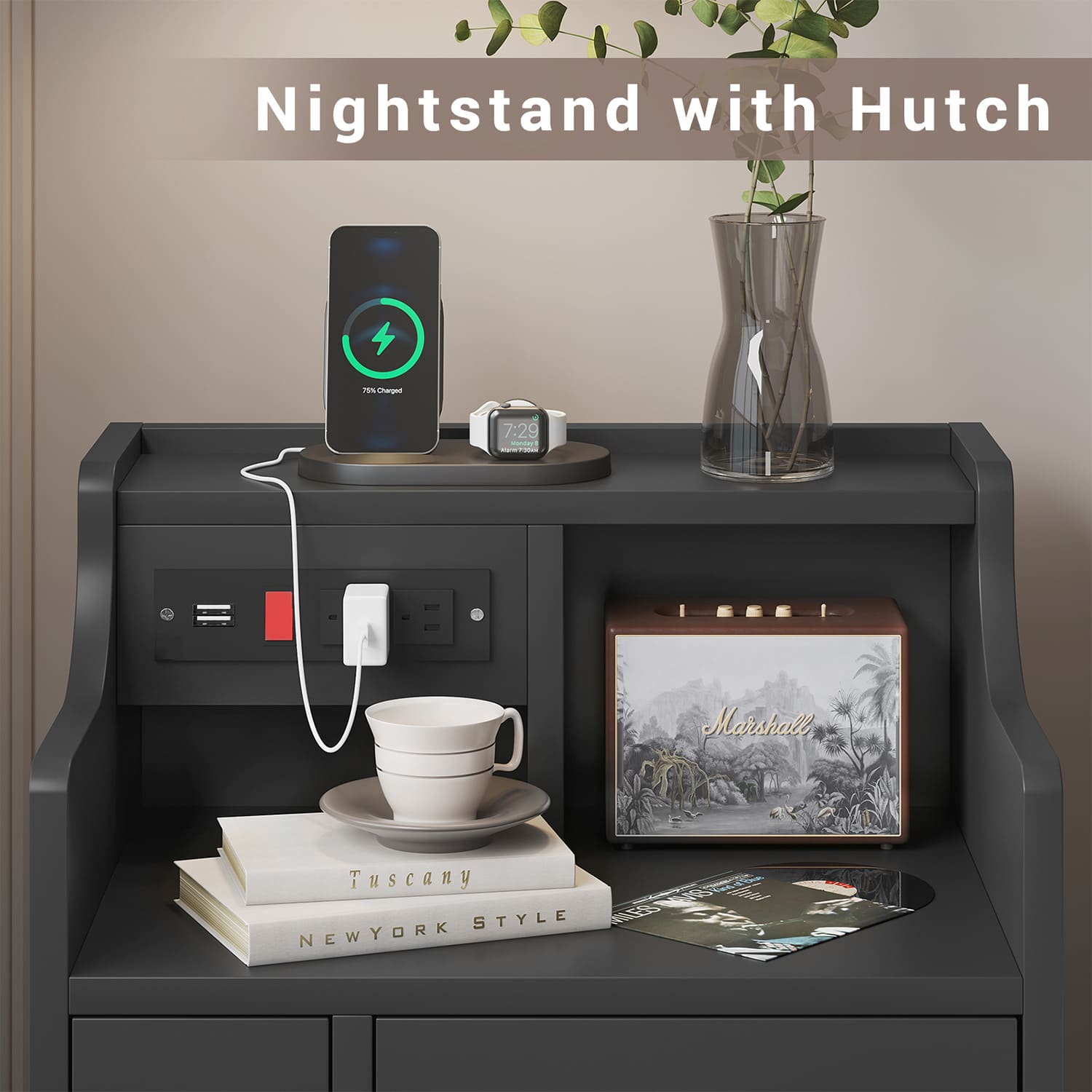 Sikaic Nightstand Nightstand with Charging Station Drawers Black