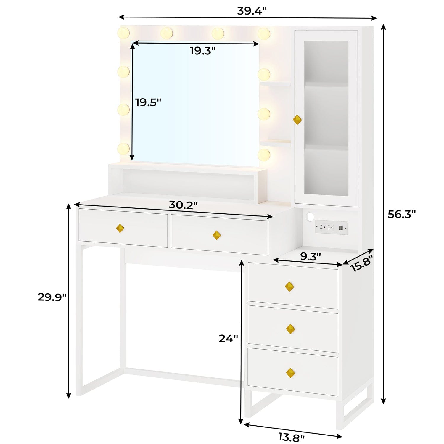 Sikaic Makeup Vanity LED Makeup Vanity With Outlet Nightstand Drawers White