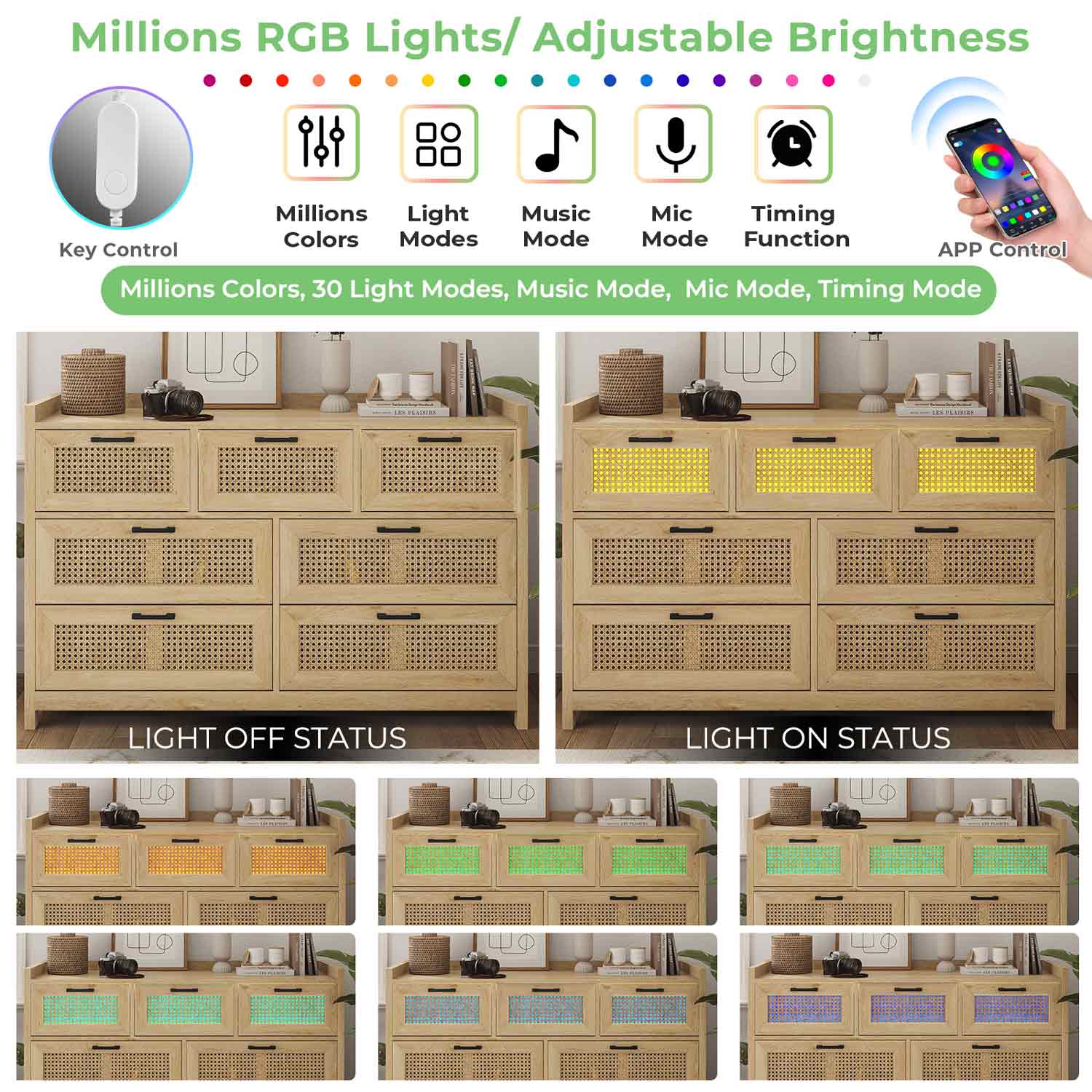 Sikaic Dressers 7 Drawer Dressers for Bedroom with Led Light Natural Rattan