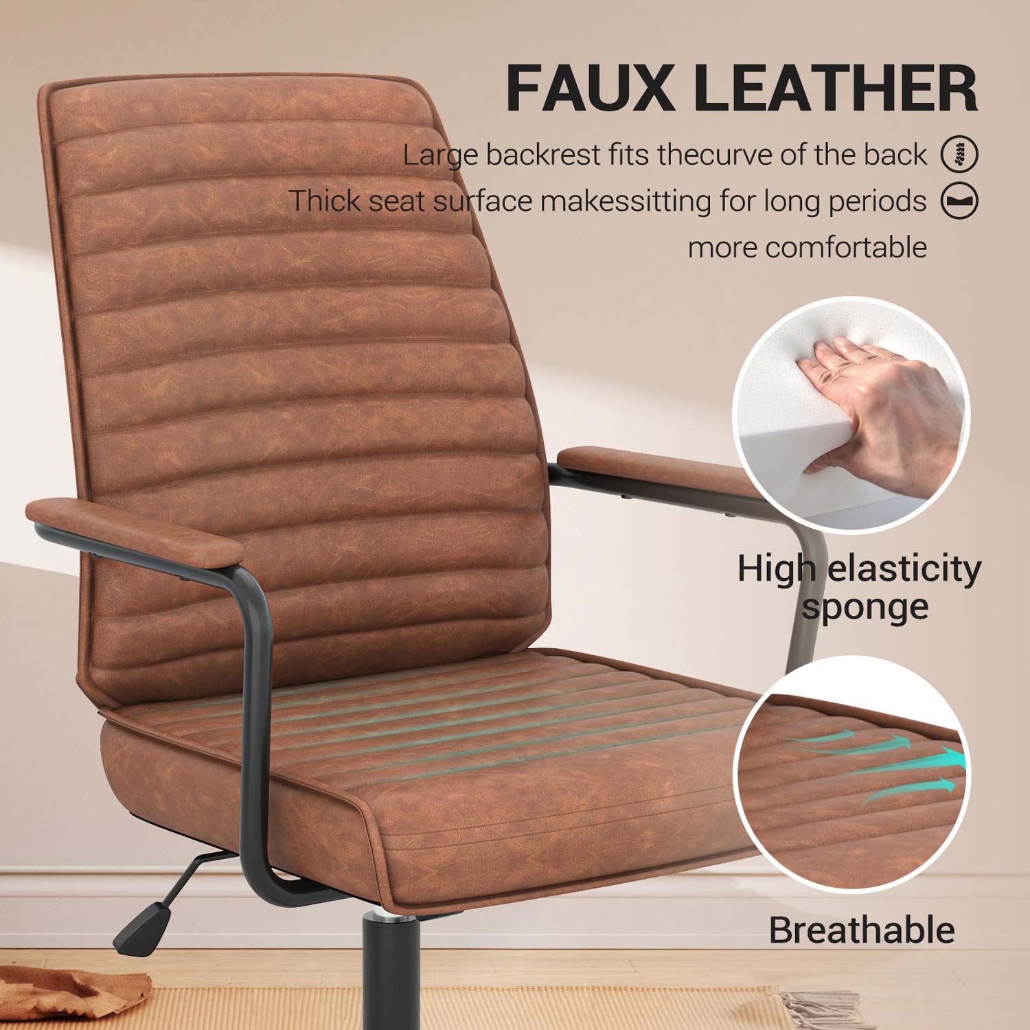 Sikaic Office Chairs Mid Century Leather Home Office Chair with Armrest Brown