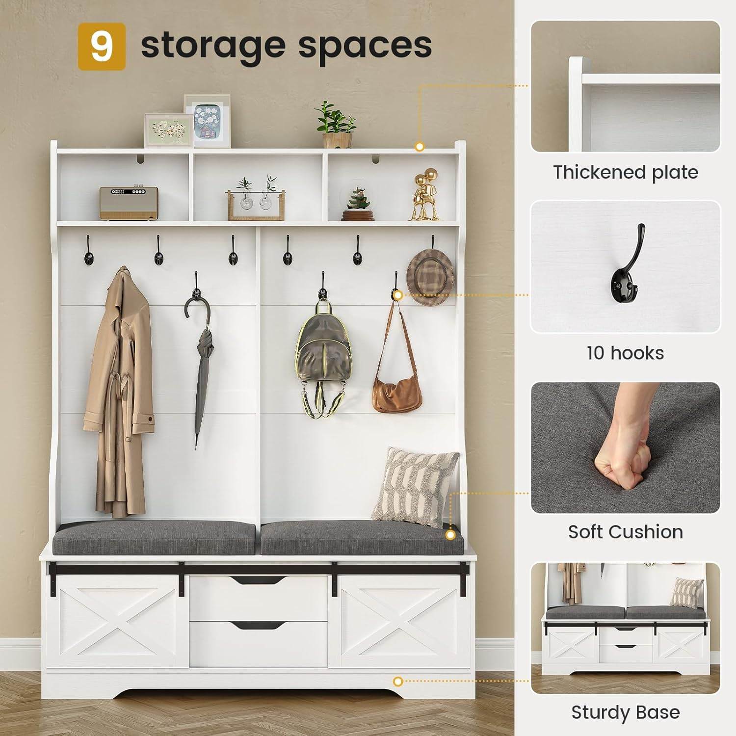 Sikaic Hall Tree 60 Inches Hall Tree with Bench and Shoe Storage White White / Engineered Wood / Farmhouse