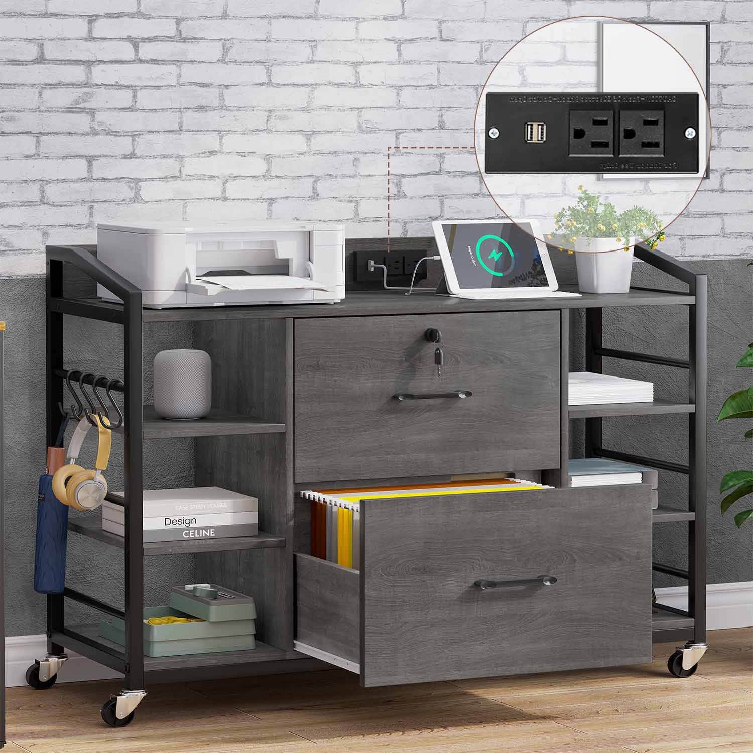 Sikaic File Cabinet 44 Inches File Cabinet with 2 Drawers Lock Power Strip Storage Shelves Grey