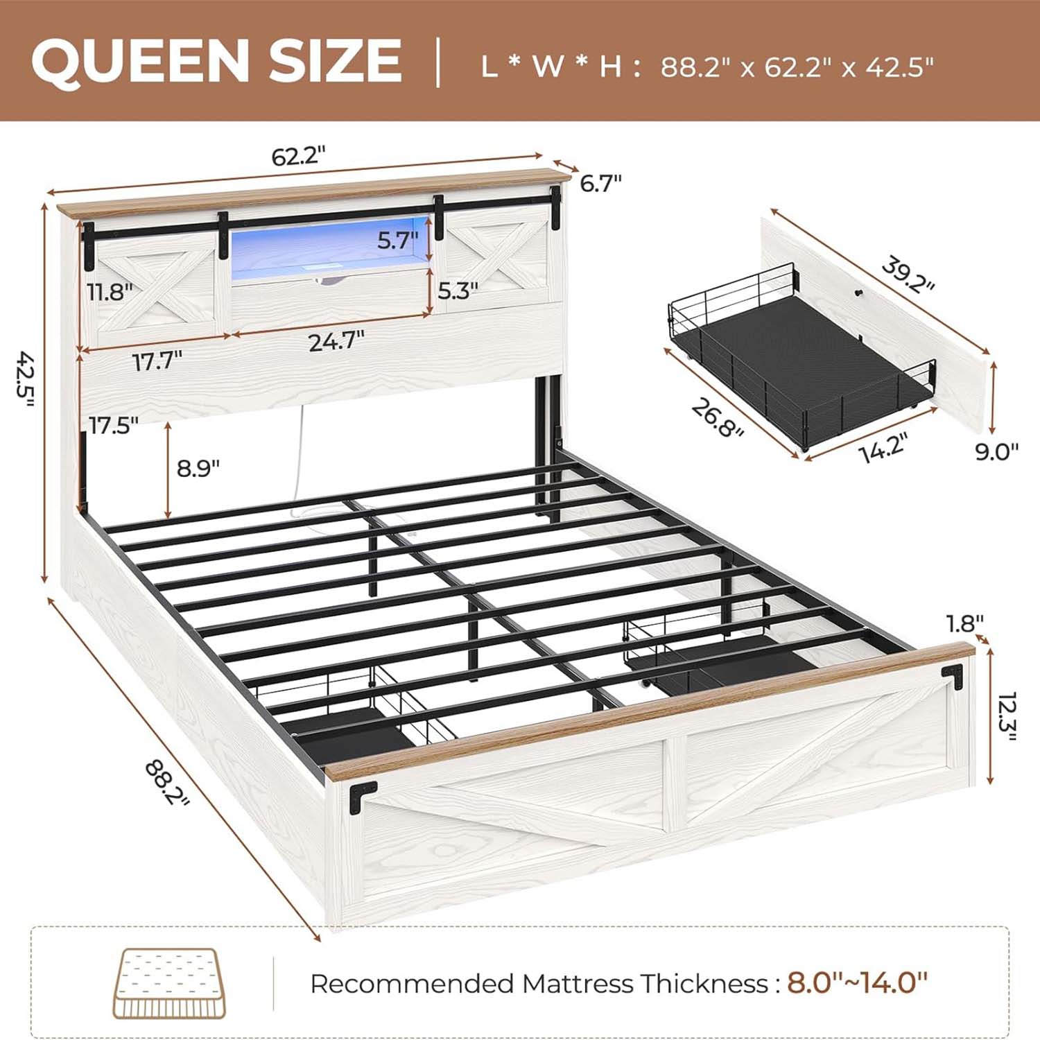Sikaic Bed Frame LED Farmhouse Wooden Platform Bed Frame With Charging Station 2 Drawers & Storage Headboard Sliding Barn Door White