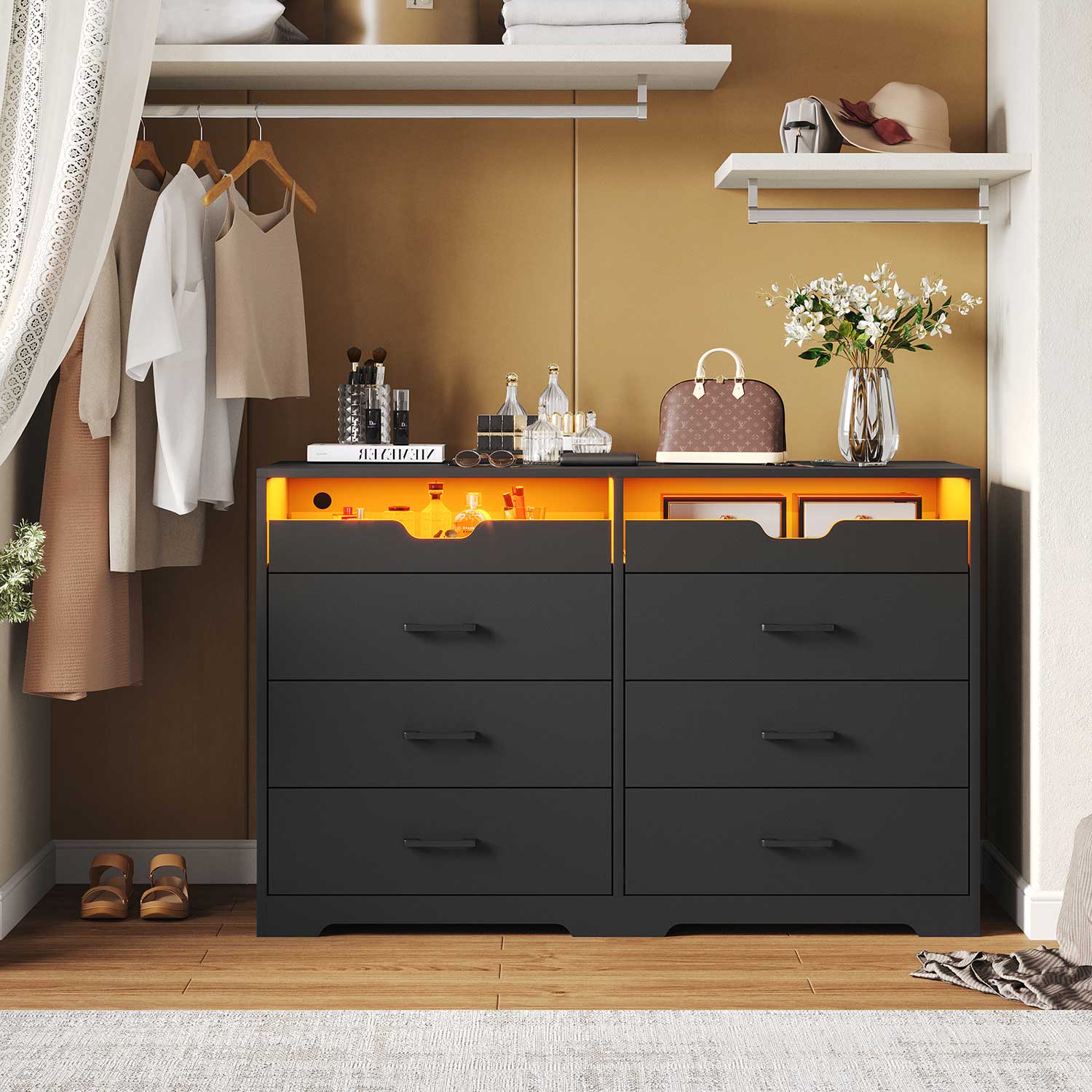 Sikaic Dressers 6 Drawers LED Dresser with 2 Pull-Out Tray Storage Organizer Black
