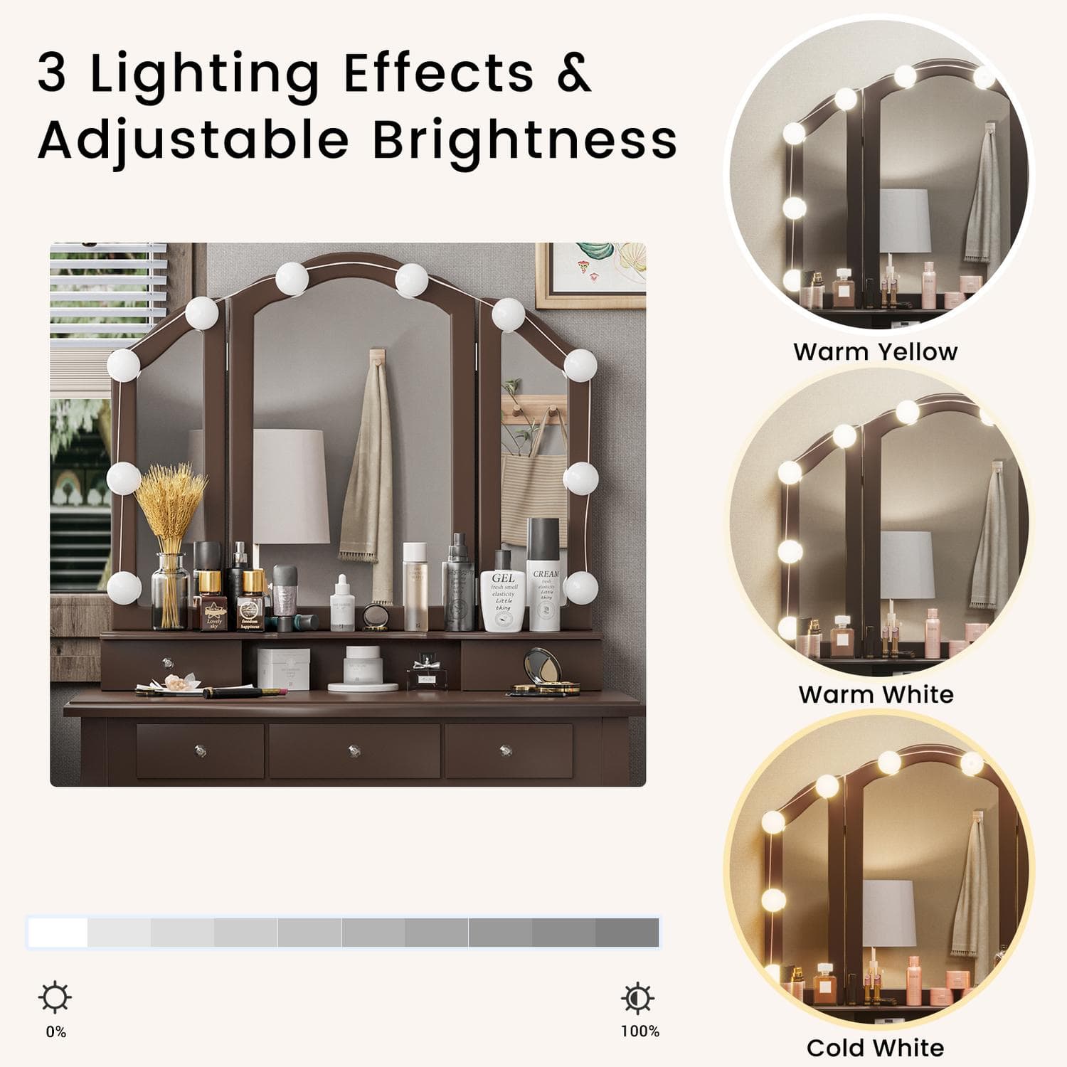 Sikaic Makeup Vanity Makeup Vanity Set with Lighted Mirror Stool Drawers and Cushioned Stool Brown