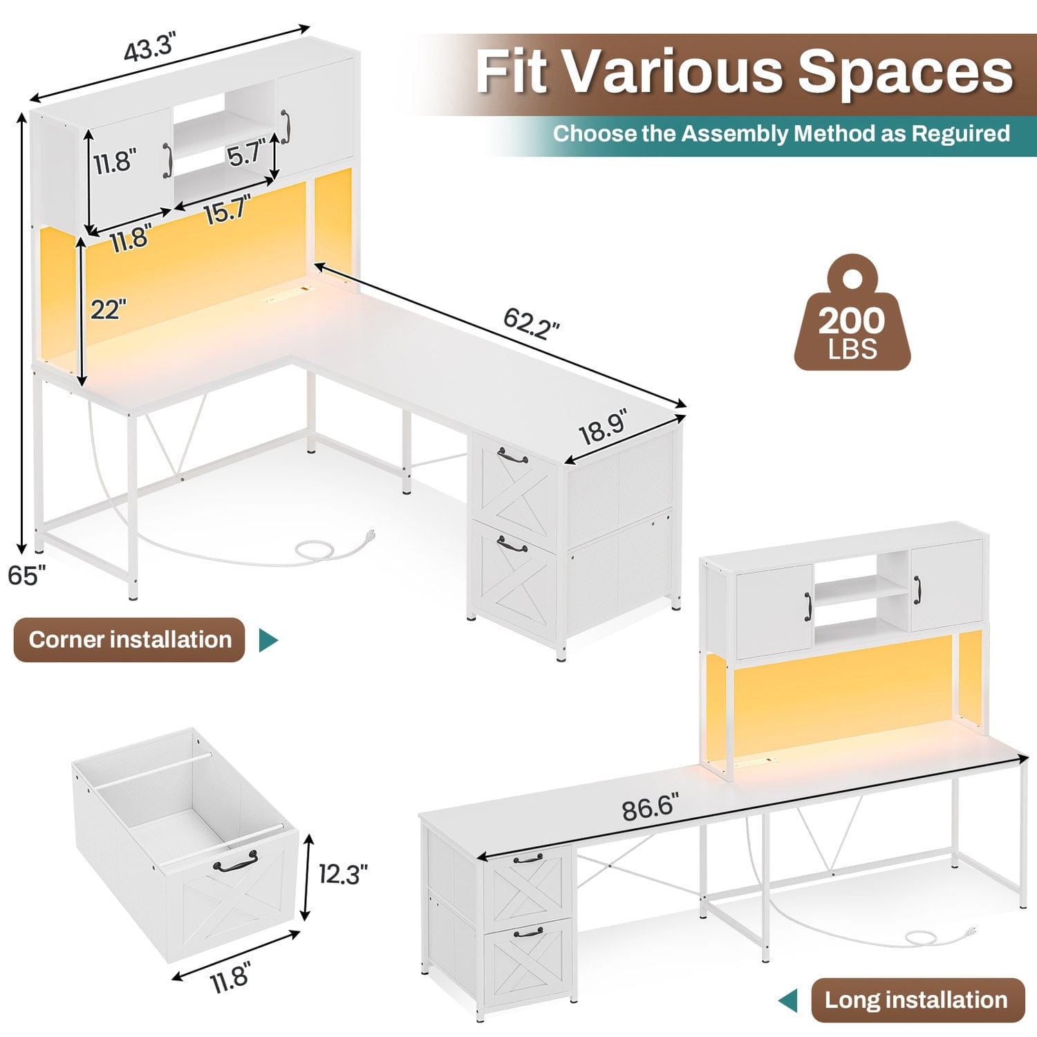 Sikaic Gaming Desk LED lights L Shaped Gaming Desk with Fabric File Drawers and Power Outlet Hutch & Storage Shelves White
