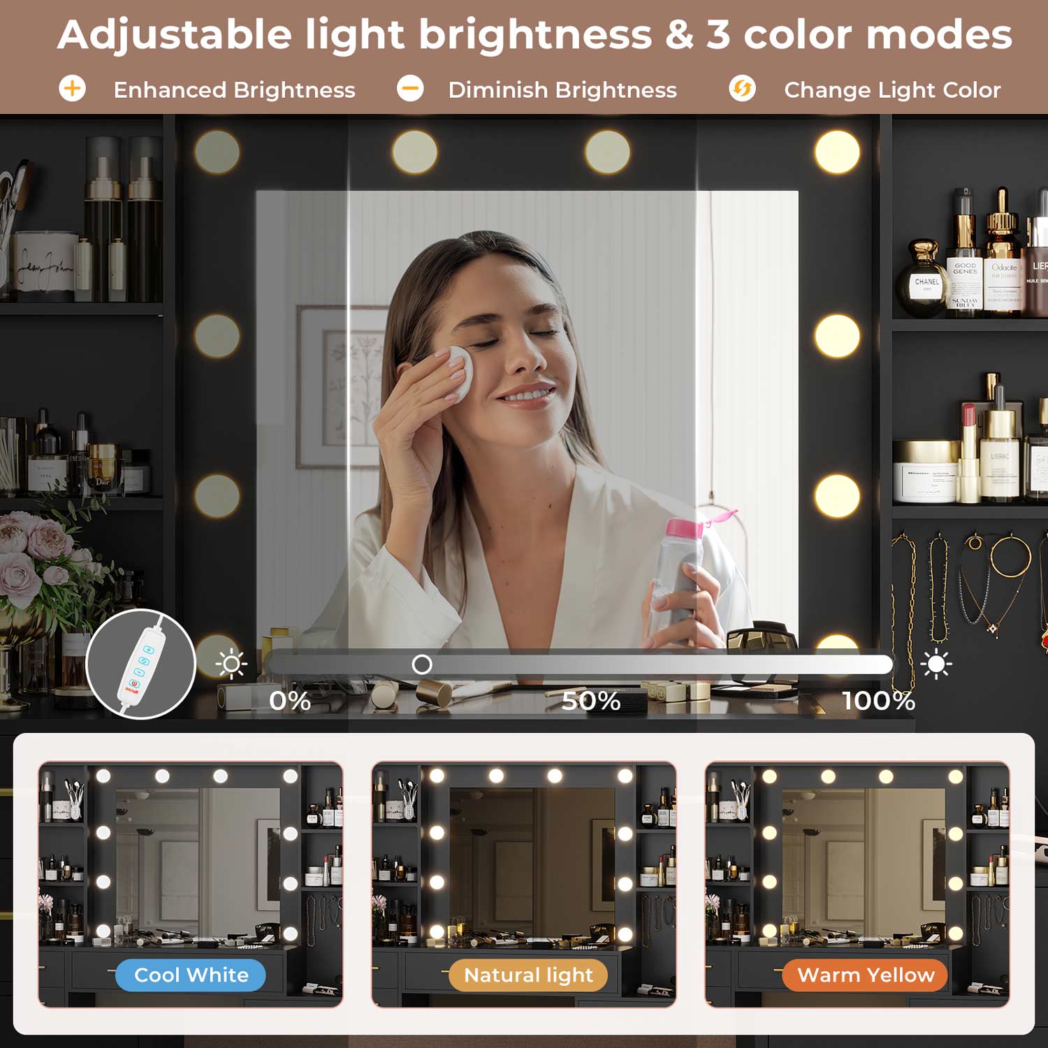 Sikaic Makeup Vanity 48.8 Inches Large Makeup Vanity Desk with Lighted Mirror & Power Outlet Glass Tabletop Bedroom Dressing Table Black