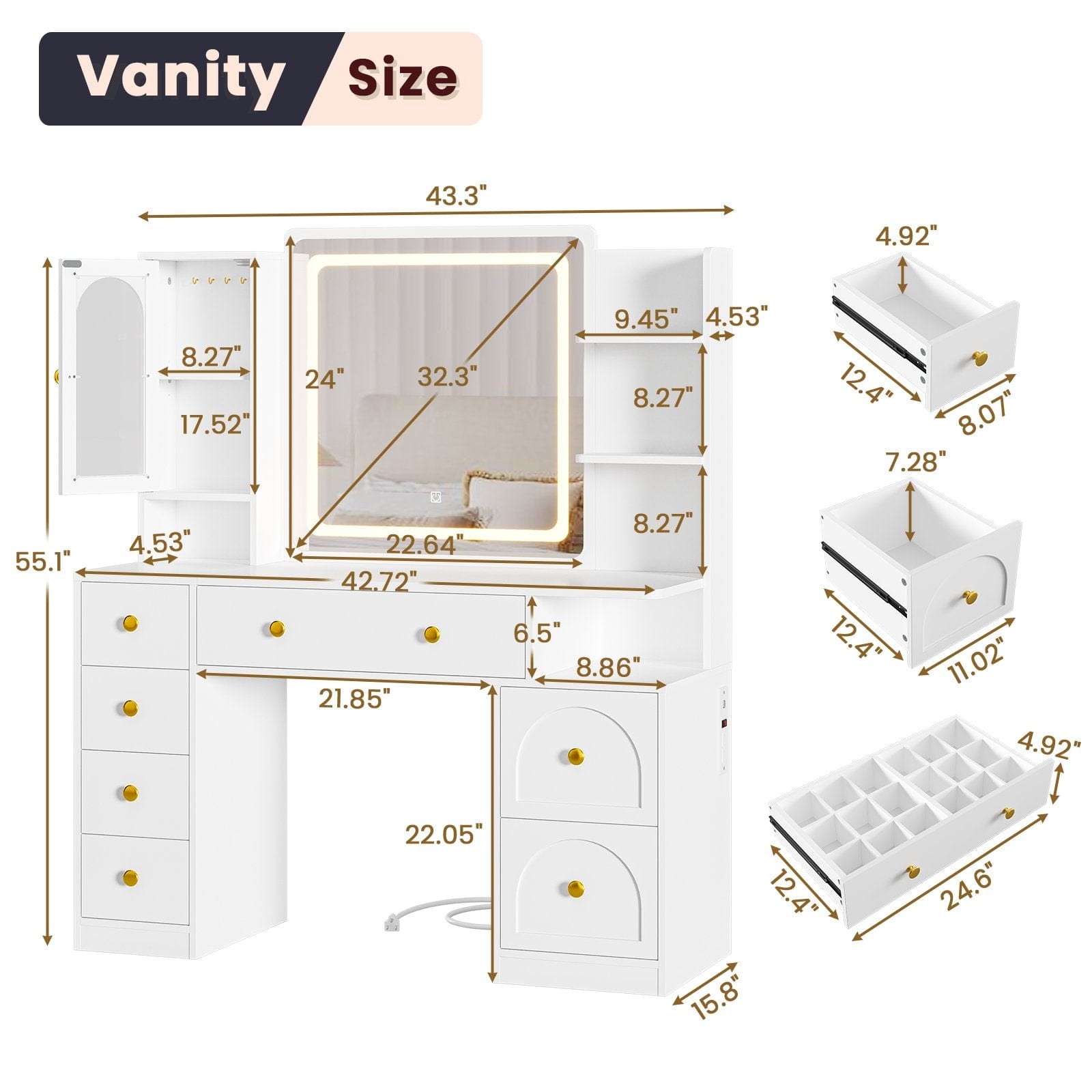 Sikaic Makeup Vanity 43.3 Inches LED Makeup Vanity White White / Engineered Wood / Modern