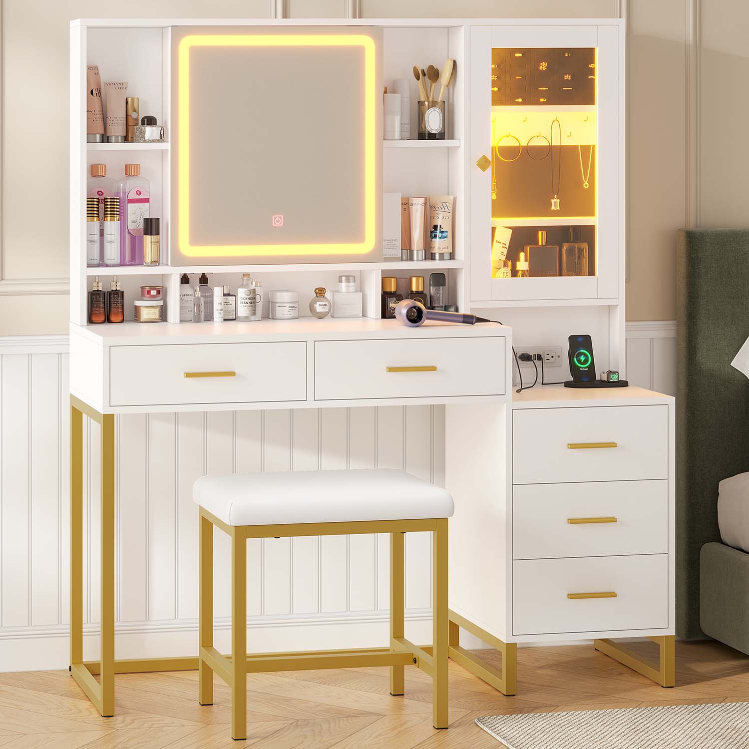 Sikaic Makeup Vanity Makeup Vanity Set with Mirror and Lights Charging Station RGB Jewelry Storage Shelves White