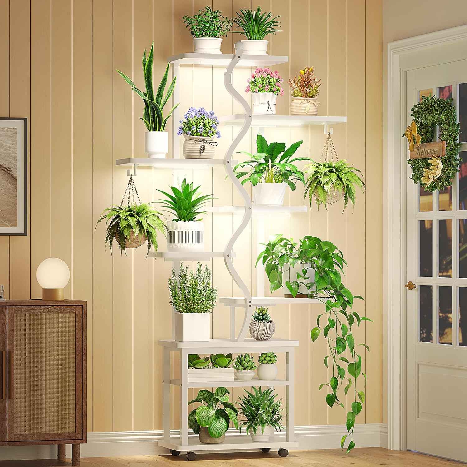 Sikaic Plant Stand 71 Inches S-Shaped Plant Stand Indoor with Grow Lights Rustic White White / Engineered Wood / Modern