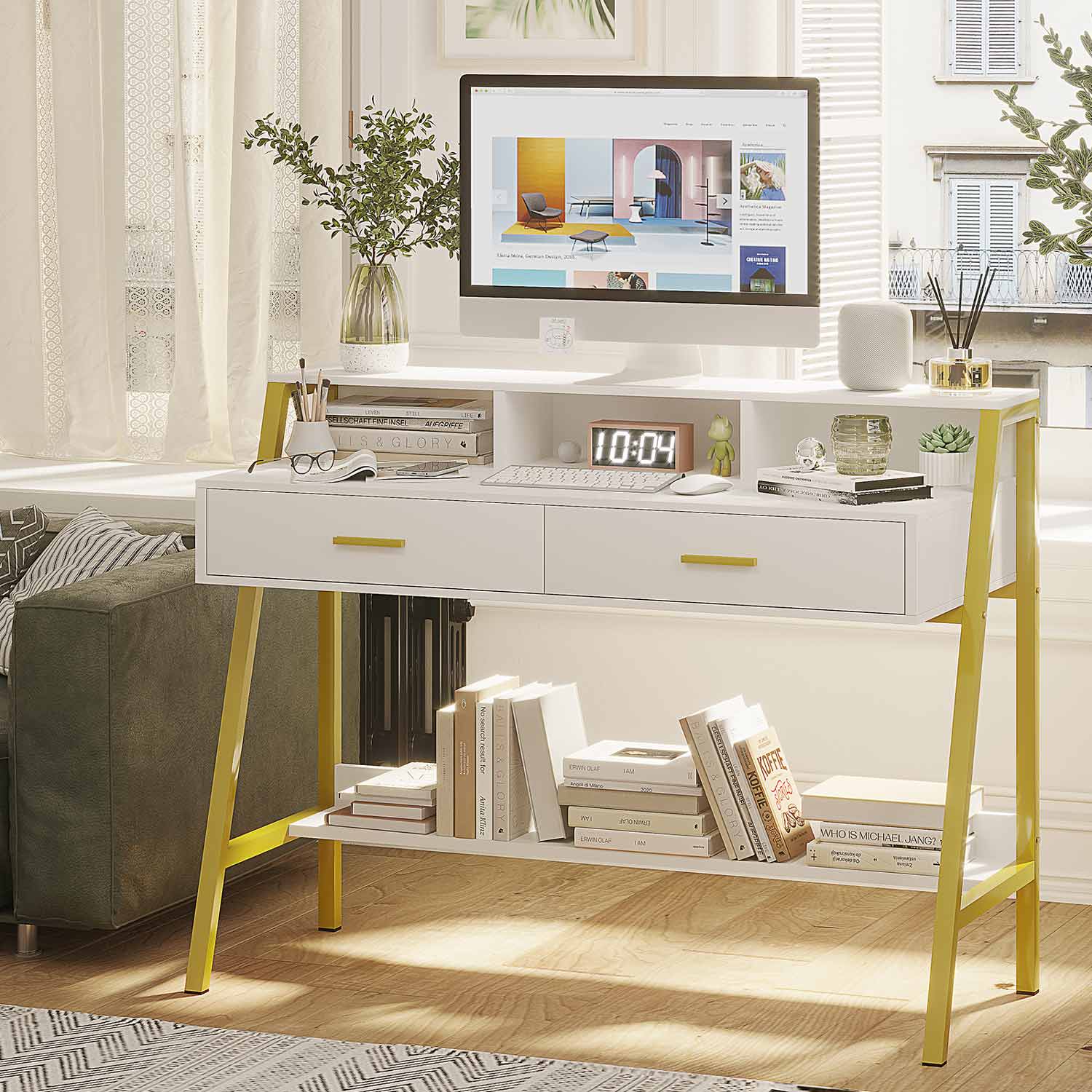 Sikaic Writing Desk Computer Desk with Drawers Monitor Stand Built-in Hutch White Gold